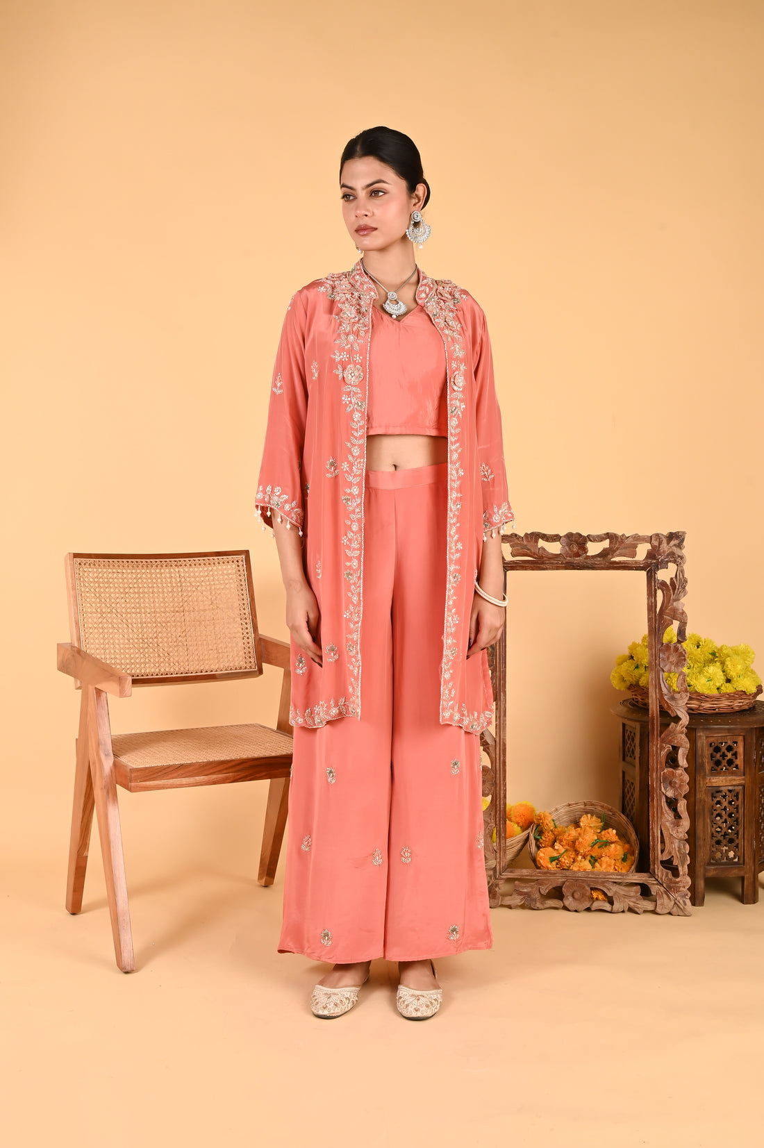 NR-116 Peach Coral Embroidered Jacket, Crop Top, Wide-Leg Pant Set