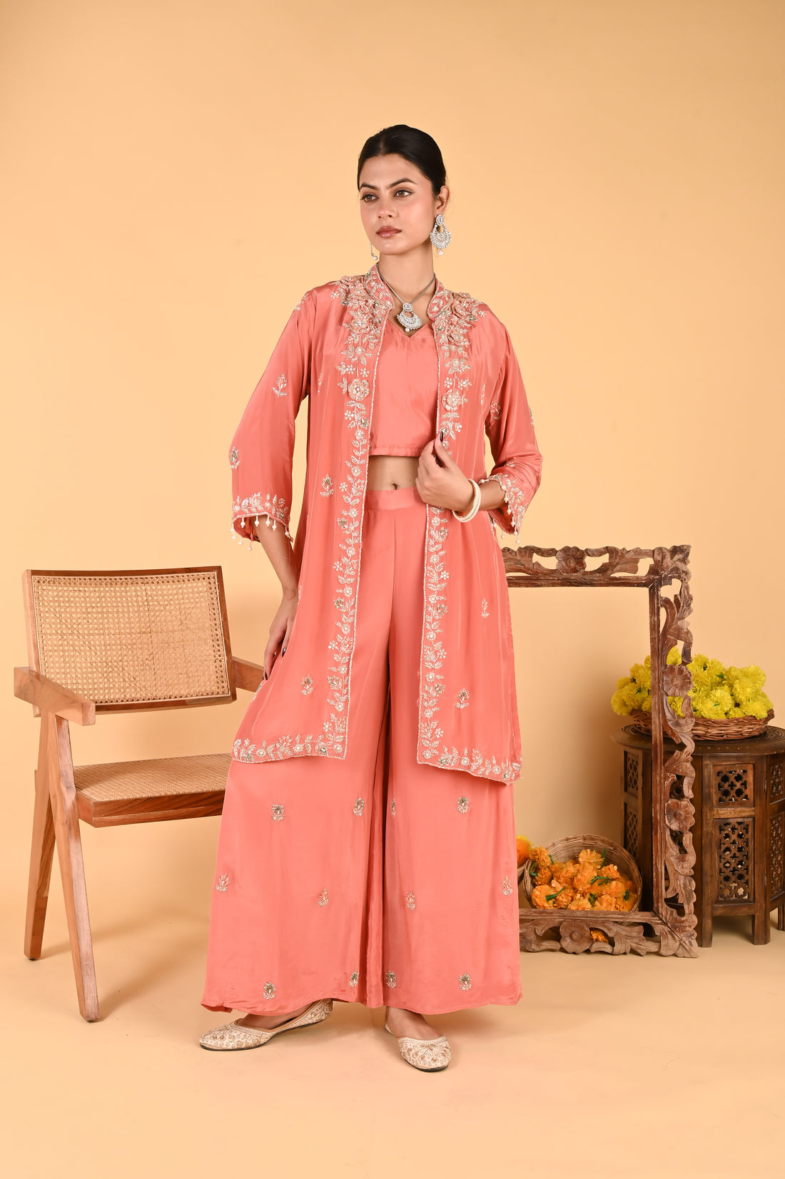 NR-116 Peach Coral Embroidered Jacket, Crop Top, Wide-Leg Pant Set