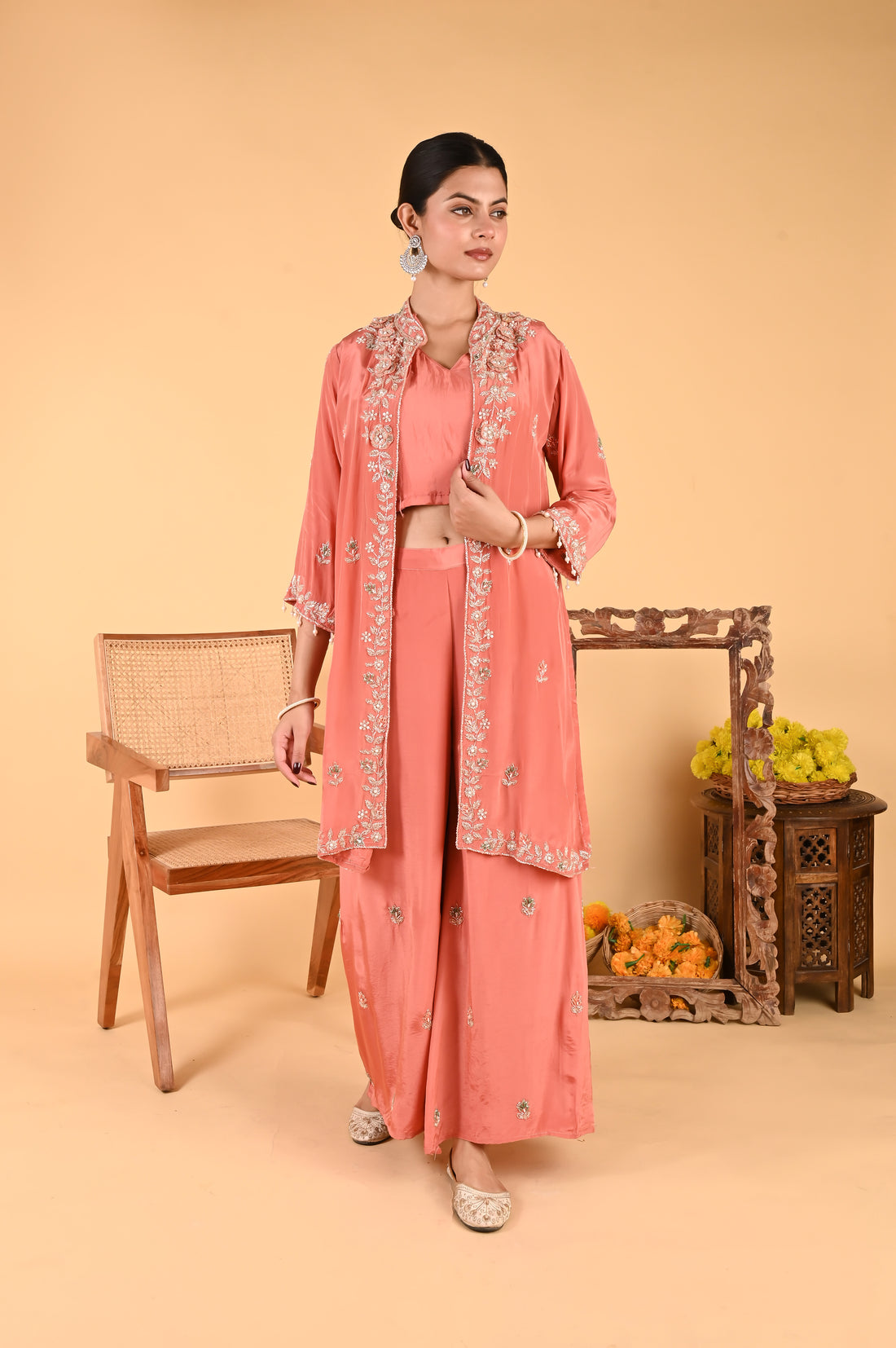 NR-116 Peach Coral Embroidered Jacket, Crop Top, Wide-Leg Pant Set
