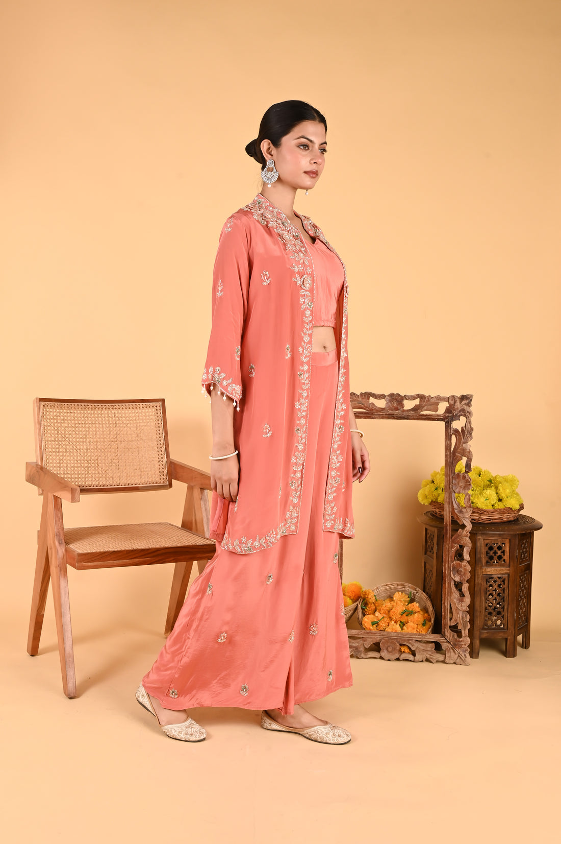 NR-116 Peach Coral Embroidered Jacket, Crop Top, Wide-Leg Pant Set