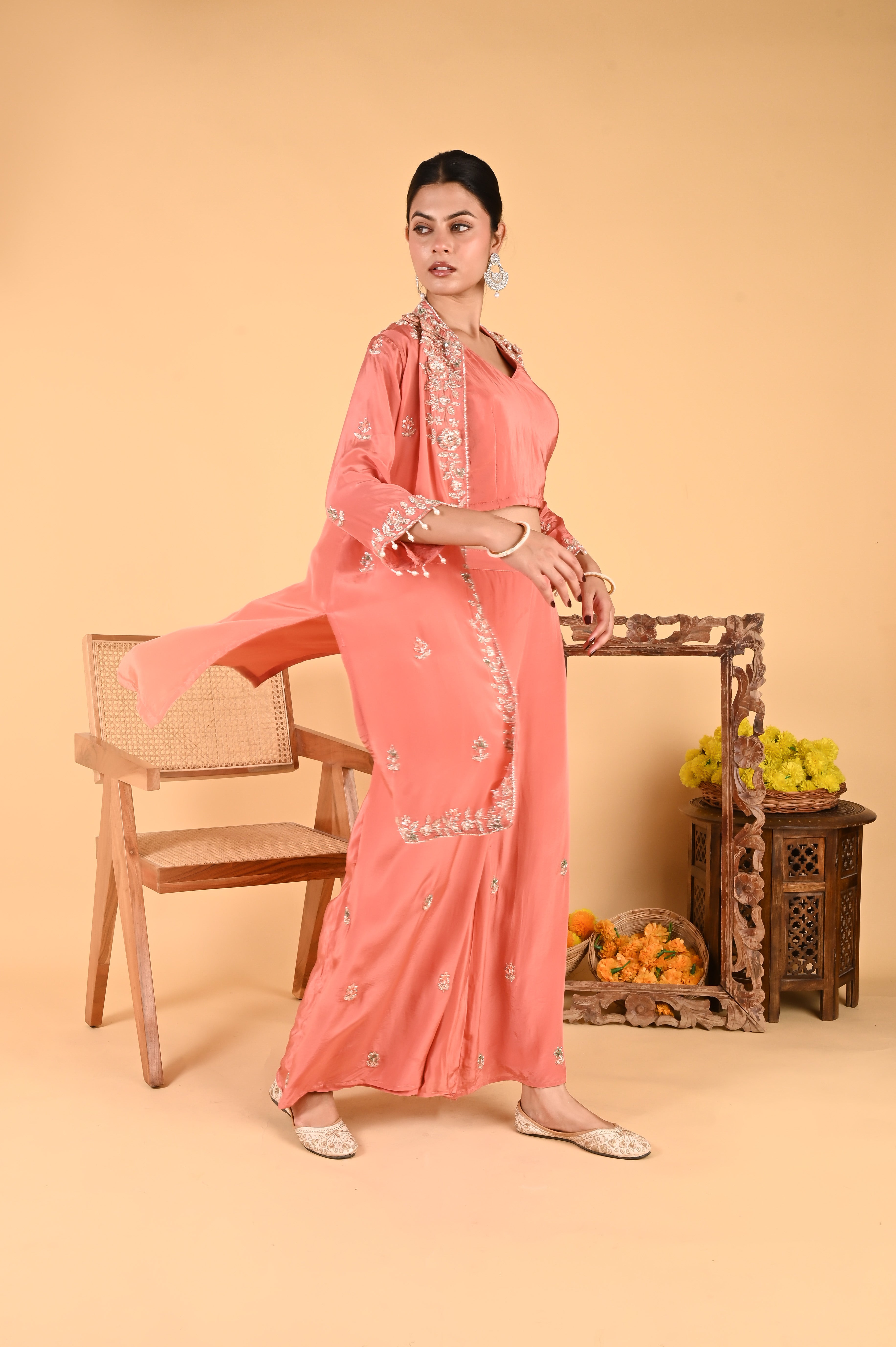 NR-116 Peach Coral Embroidered Jacket, Crop Top, Wide-Leg Pant Set