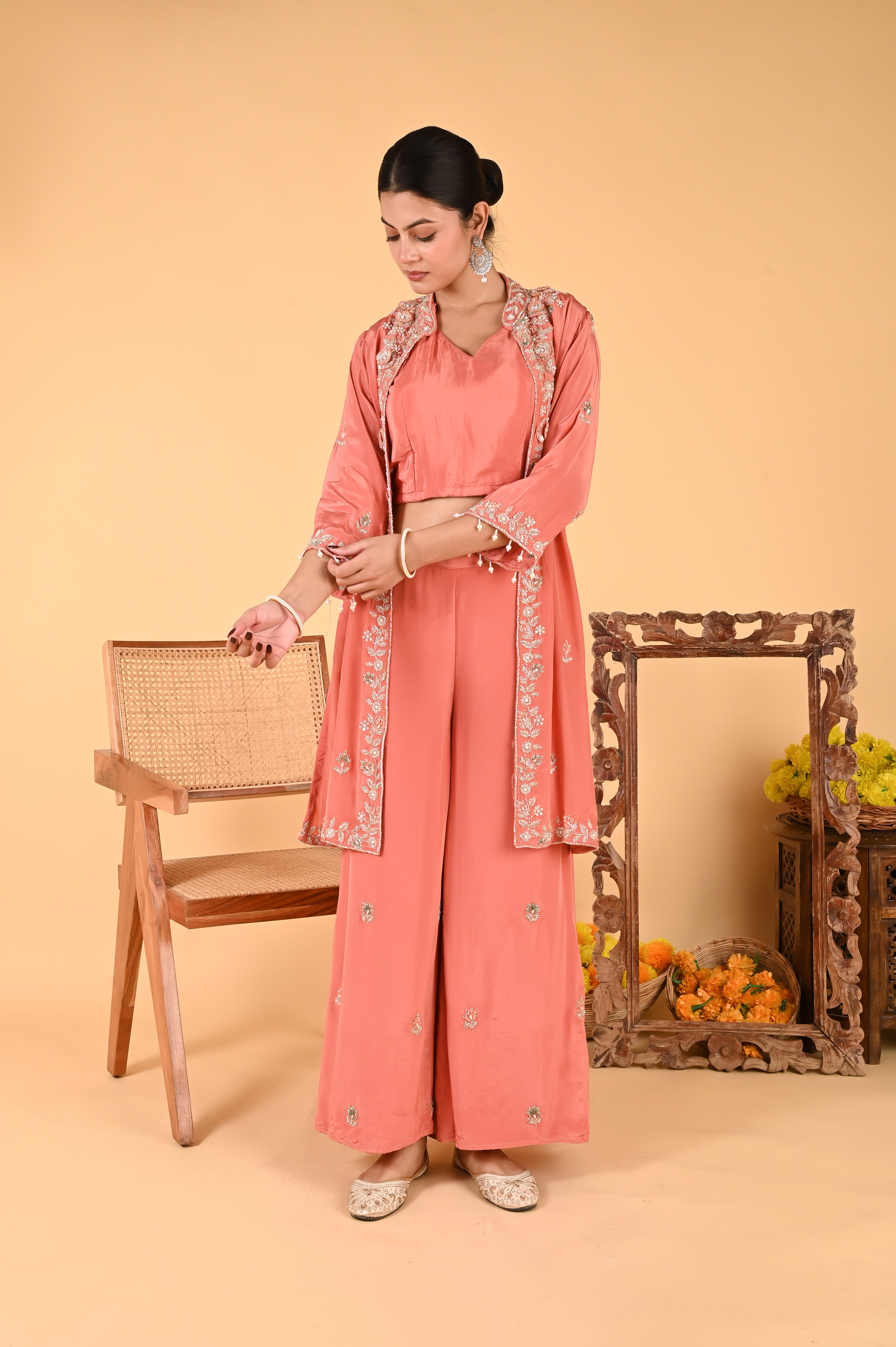 NR-116 Peach Coral Embroidered Jacket, Crop Top, Wide-Leg Pant Set