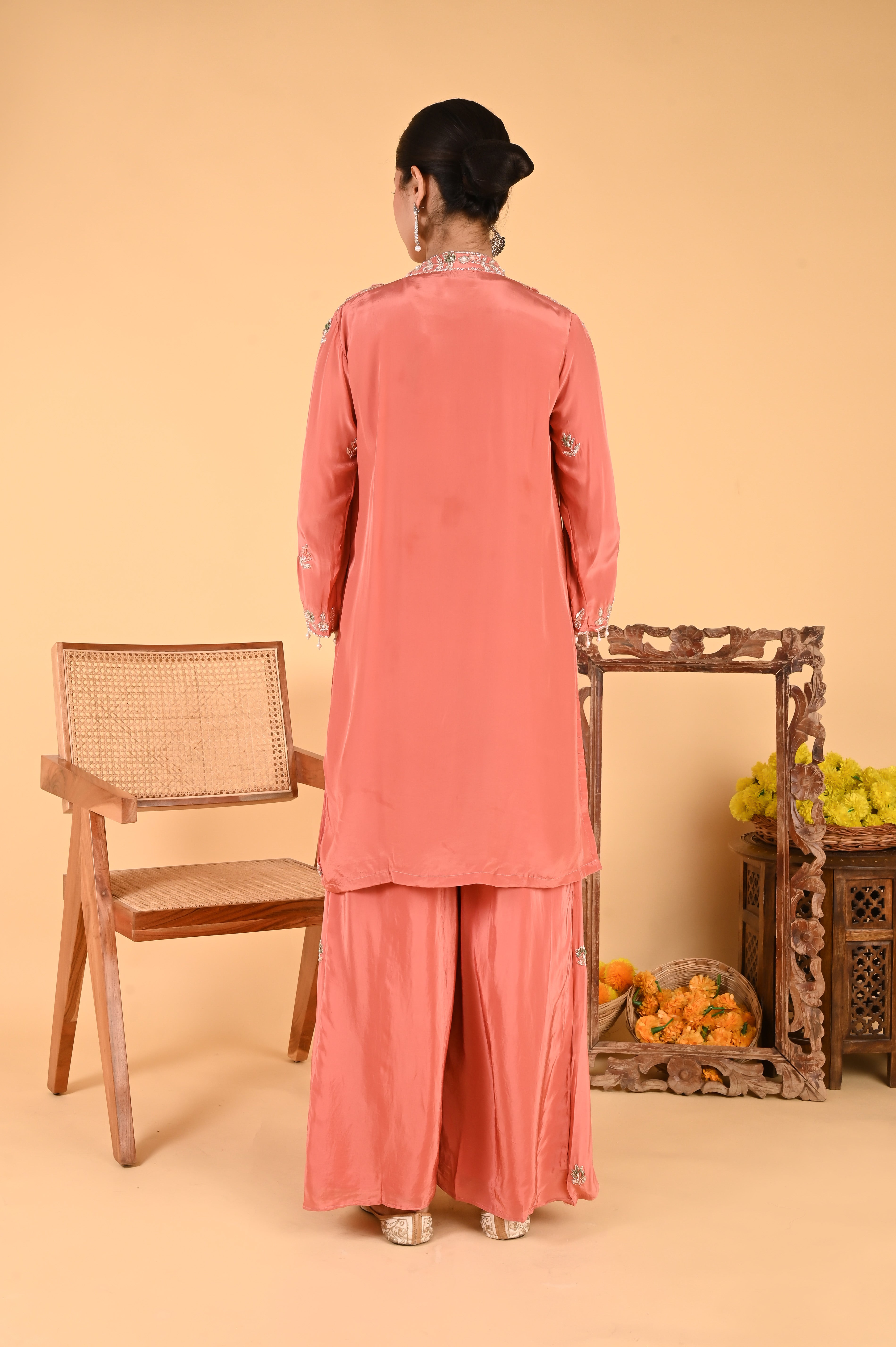 NR-116 Peach Coral Embroidered Jacket, Crop Top, Wide-Leg Pant Set