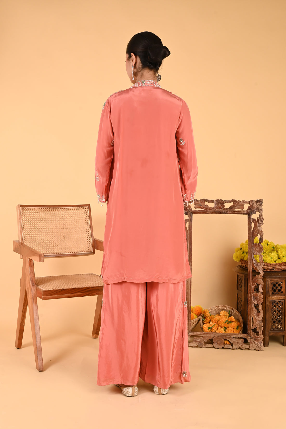 NR-116 Peach Coral Embroidered Jacket, Crop Top, Wide-Leg Pant Set