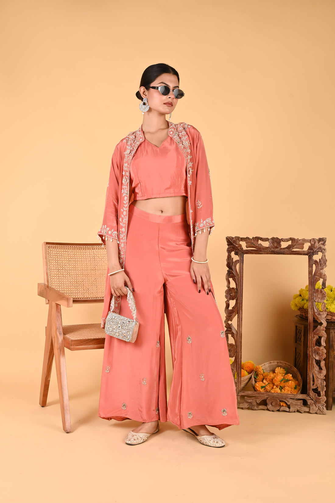 NR-116 Peach Coral Embroidered Jacket, Crop Top, Wide-Leg Pant Set