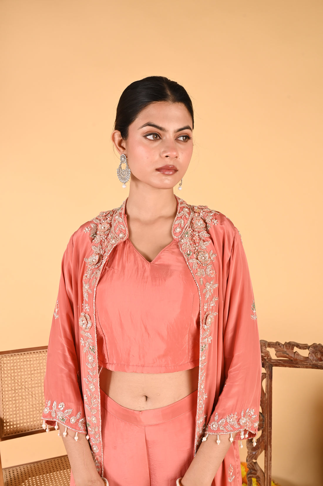 NR-116 Peach Coral Embroidered Jacket, Crop Top, Wide-Leg Pant Set