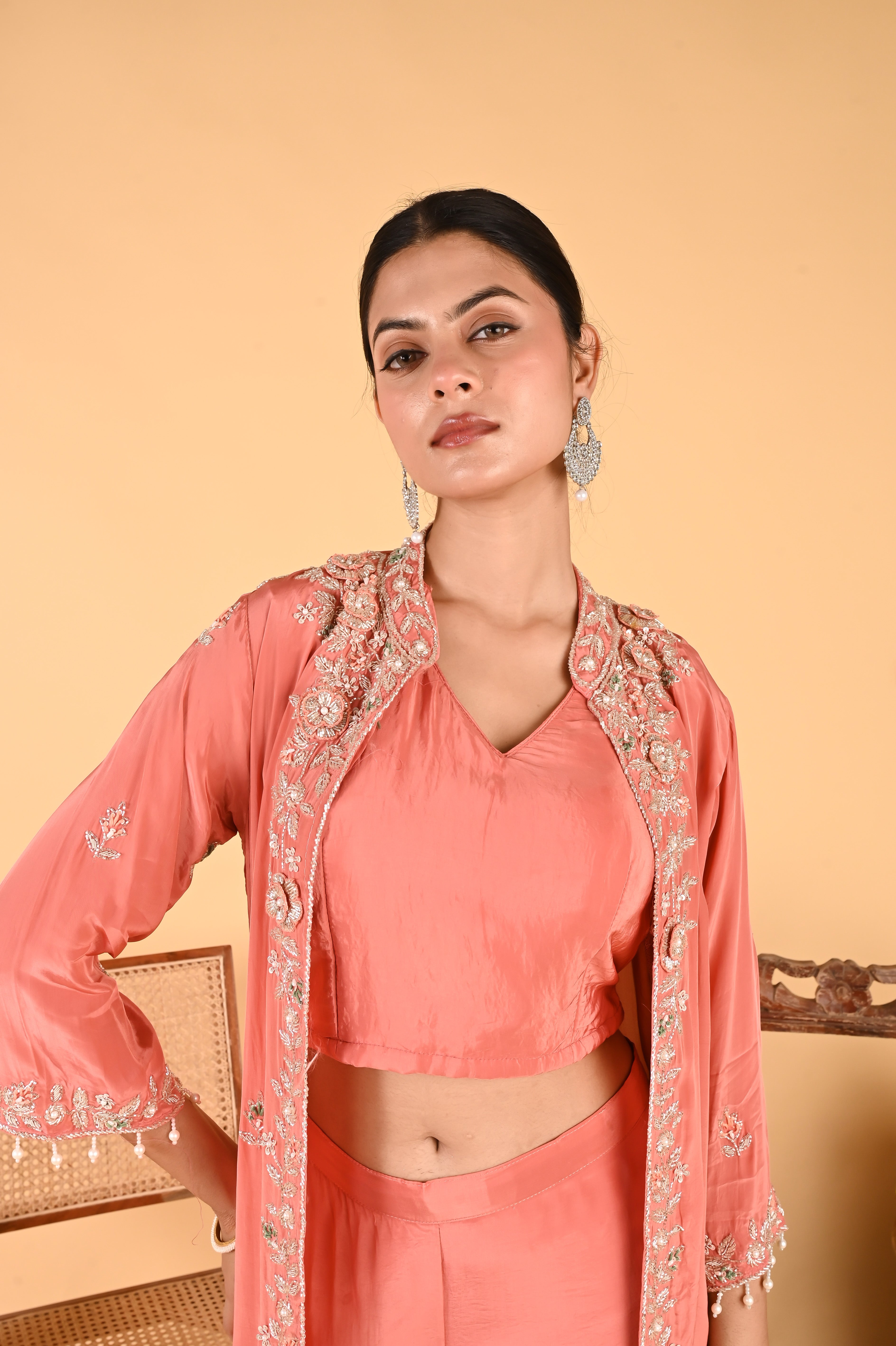 NR-116 Peach Coral Embroidered Jacket, Crop Top, Wide-Leg Pant Set