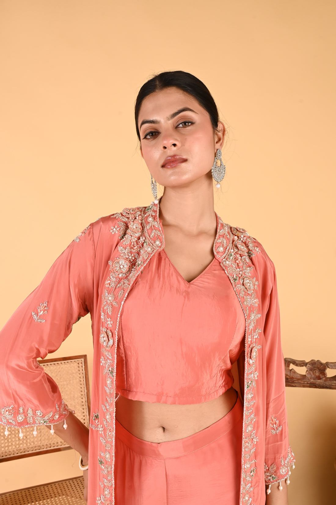 NR-116 Peach Coral Embroidered Jacket, Crop Top, Wide-Leg Pant Set