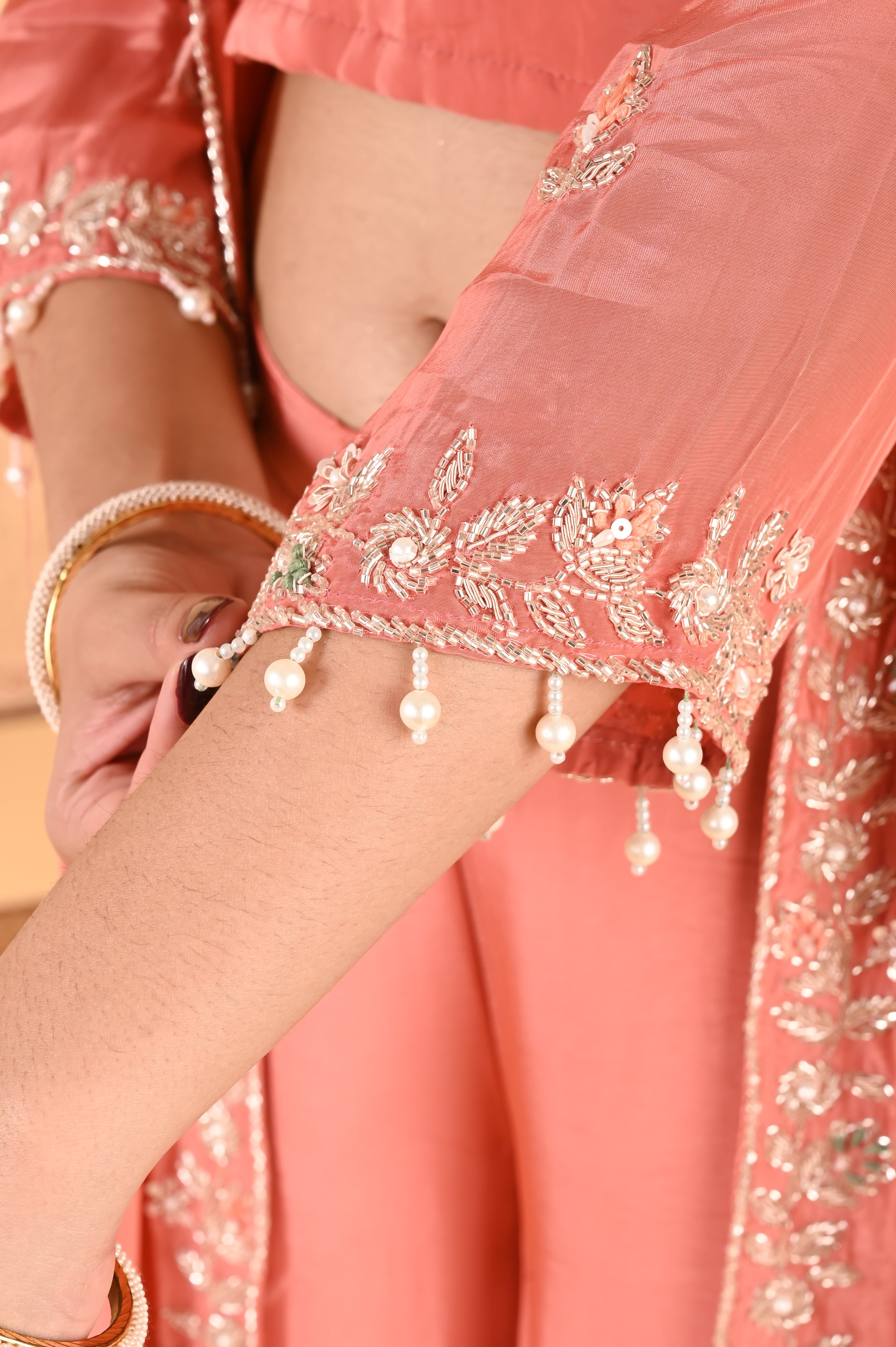 NR-116 Peach Coral Embroidered Jacket, Crop Top, Wide-Leg Pant Set