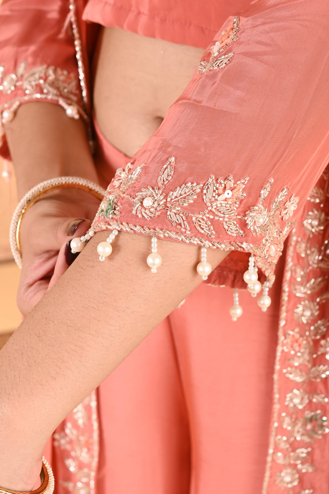 NR-116 Peach Coral Embroidered Jacket, Crop Top, Wide-Leg Pant Set