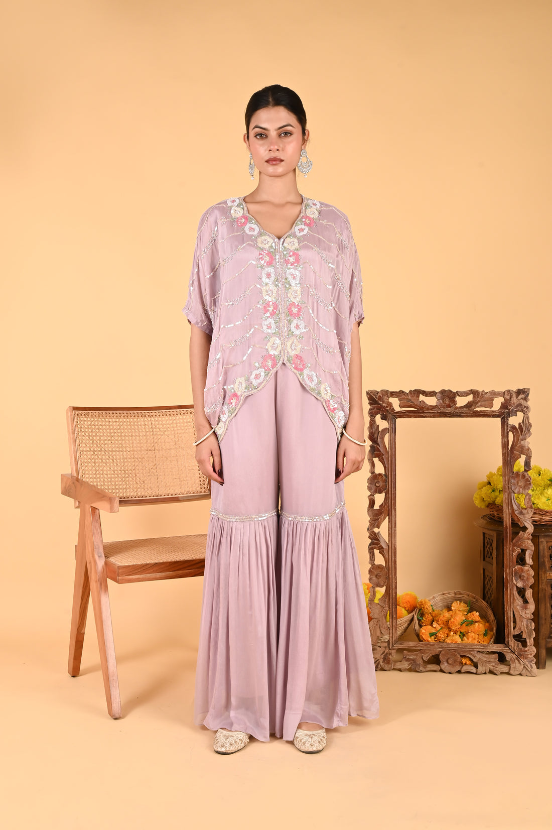NR-117 Lilac Sequin Hand-Embroidered Kaftan Set