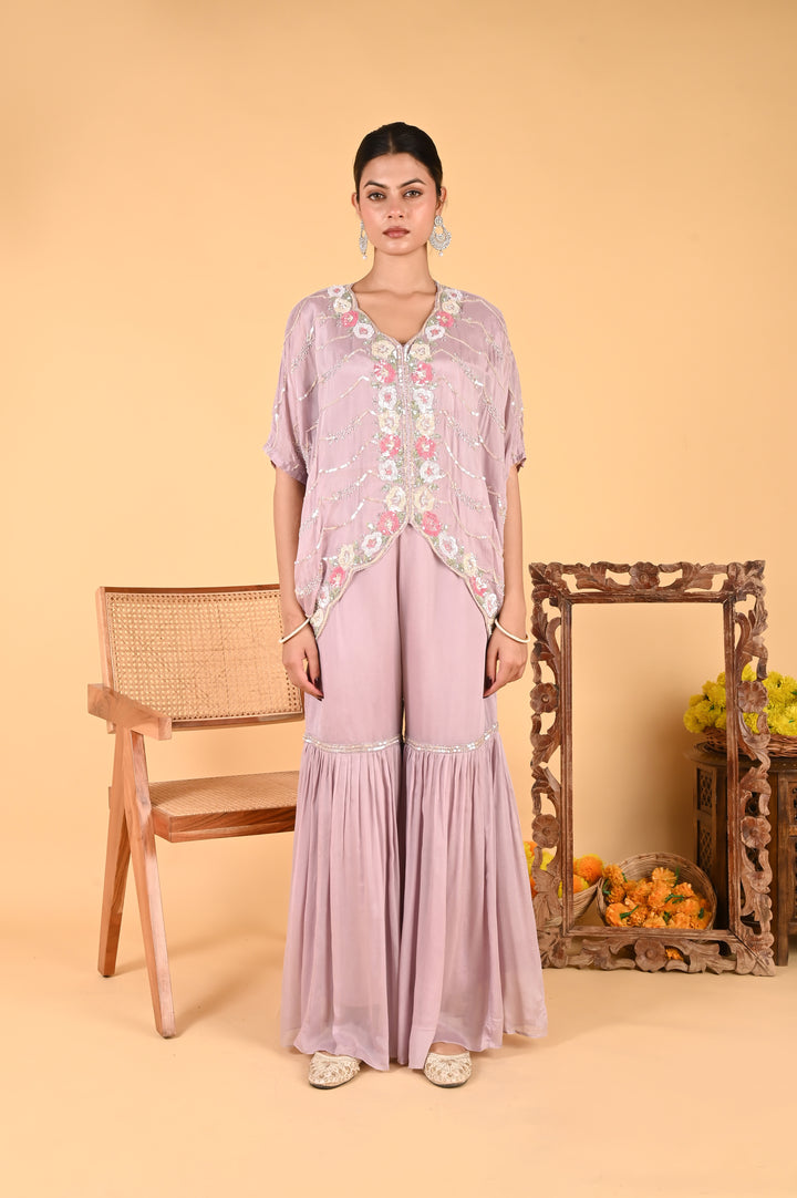 NR-117 Lilac Sequin Hand-Embroidered Kaftan Set