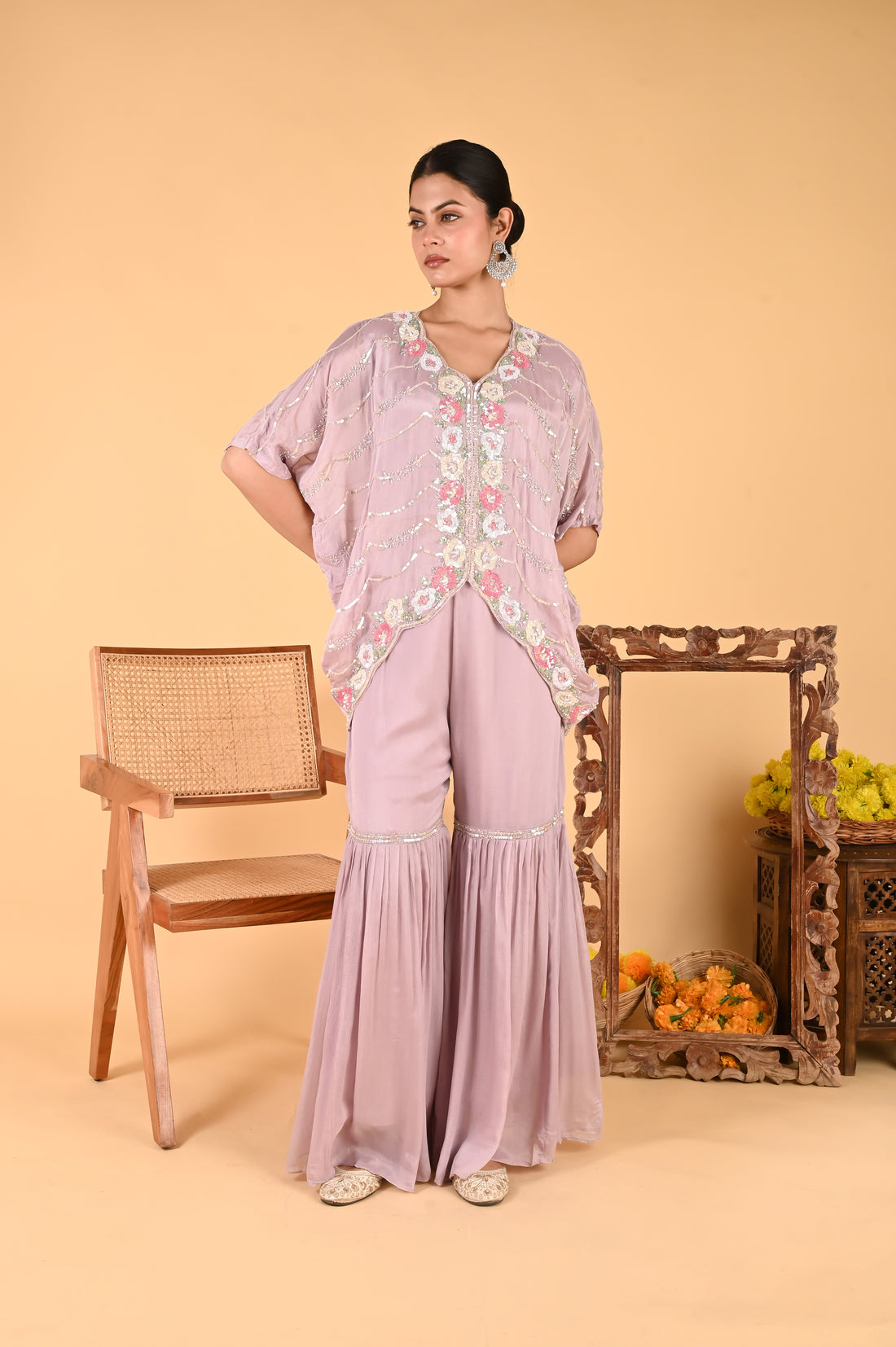NR-117 Lilac Sequin Hand-Embroidered Kaftan Set