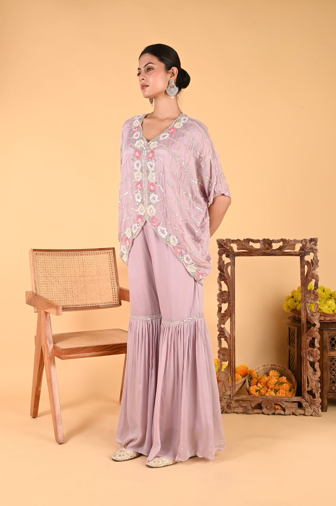 NR-117 Lilac Sequin Hand-Embroidered Kaftan Set