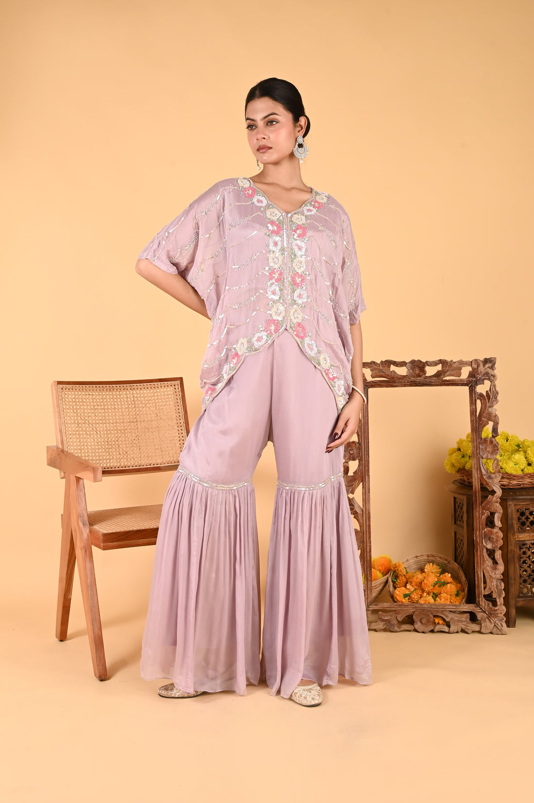 NR-117 Lilac Sequin Hand-Embroidered Kaftan Set
