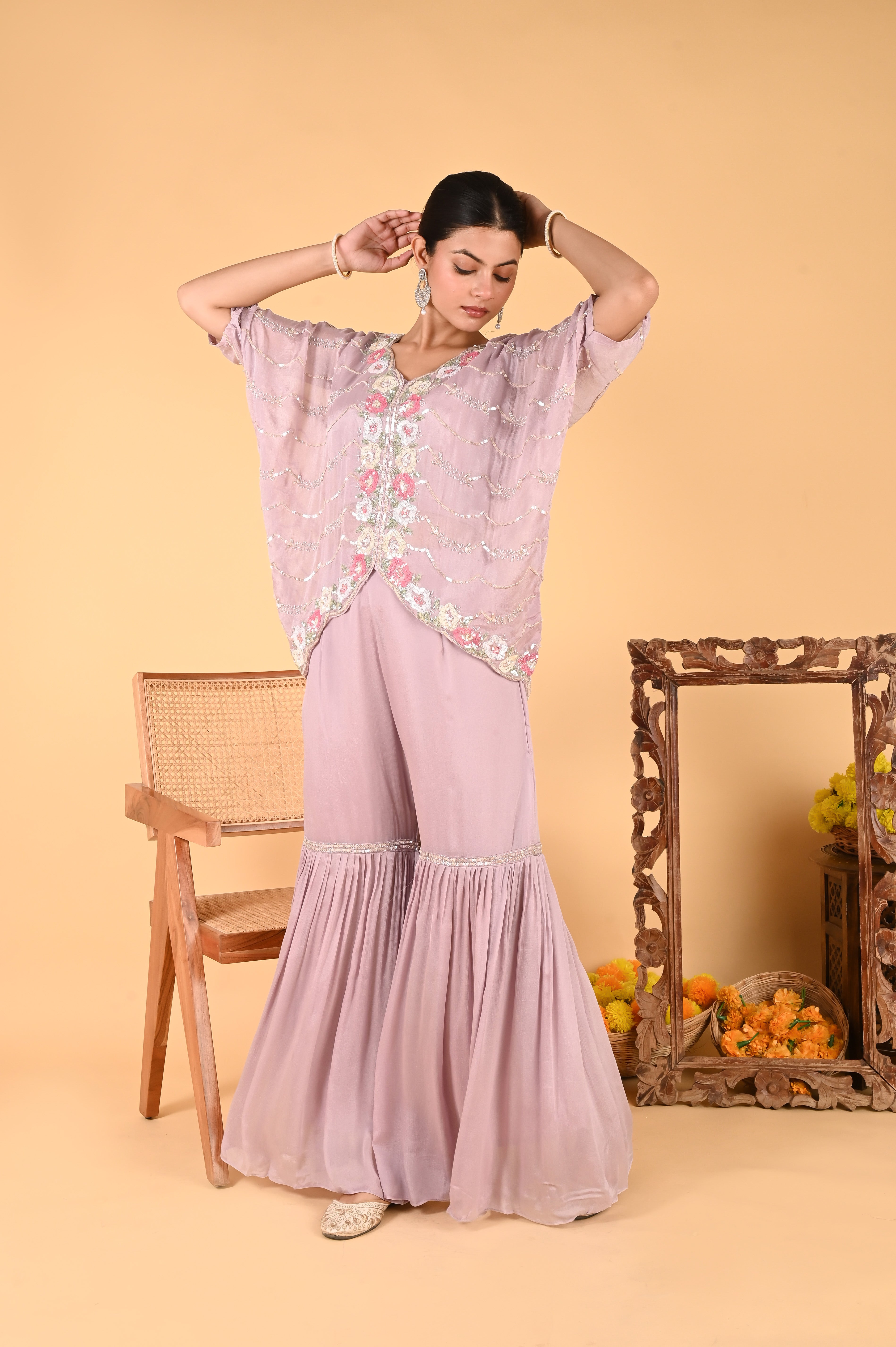 NR-117 Lilac Sequin Hand-Embroidered Kaftan Set