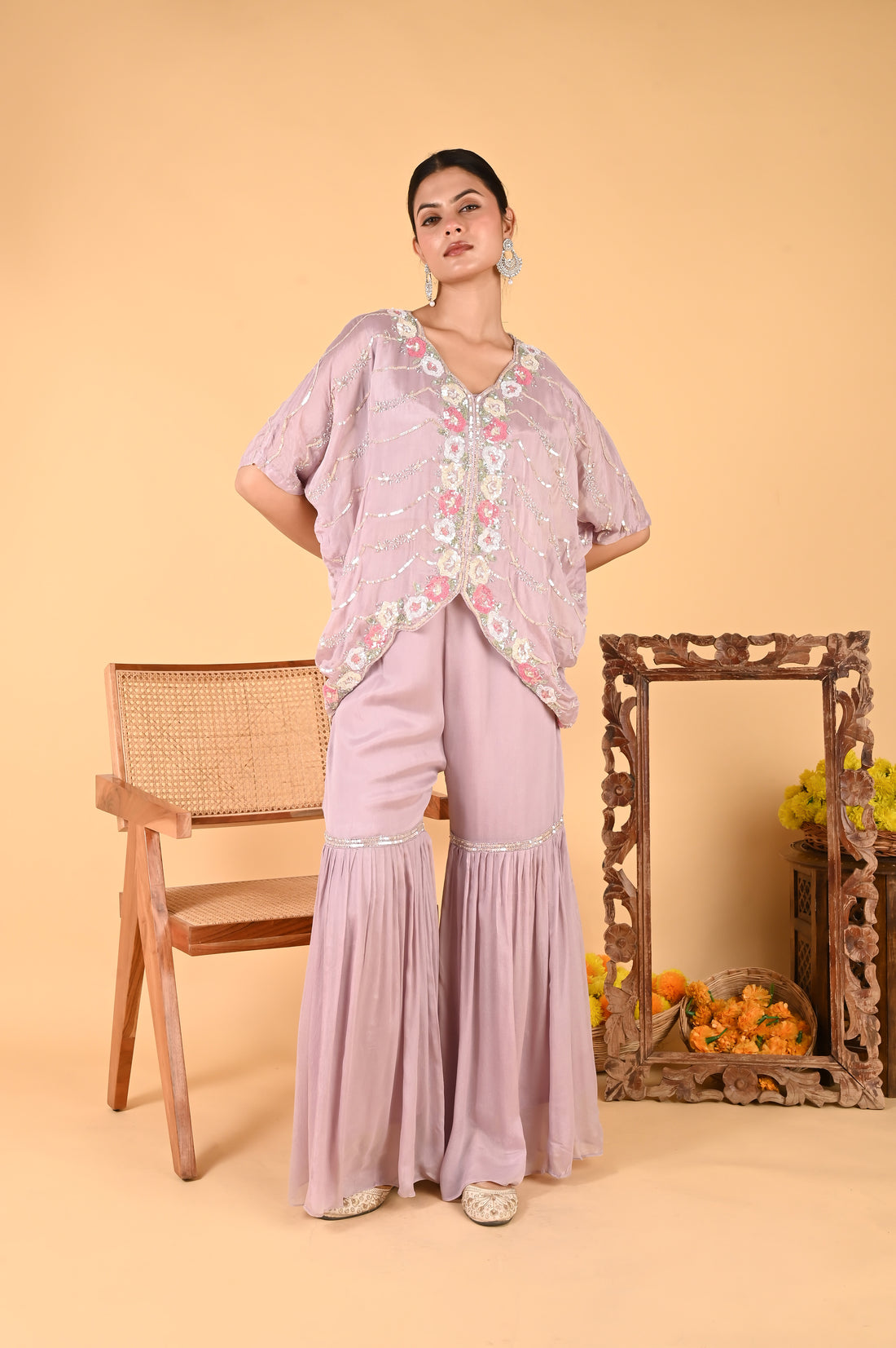 NR-117 Lilac Sequin Hand-Embroidered Kaftan Set