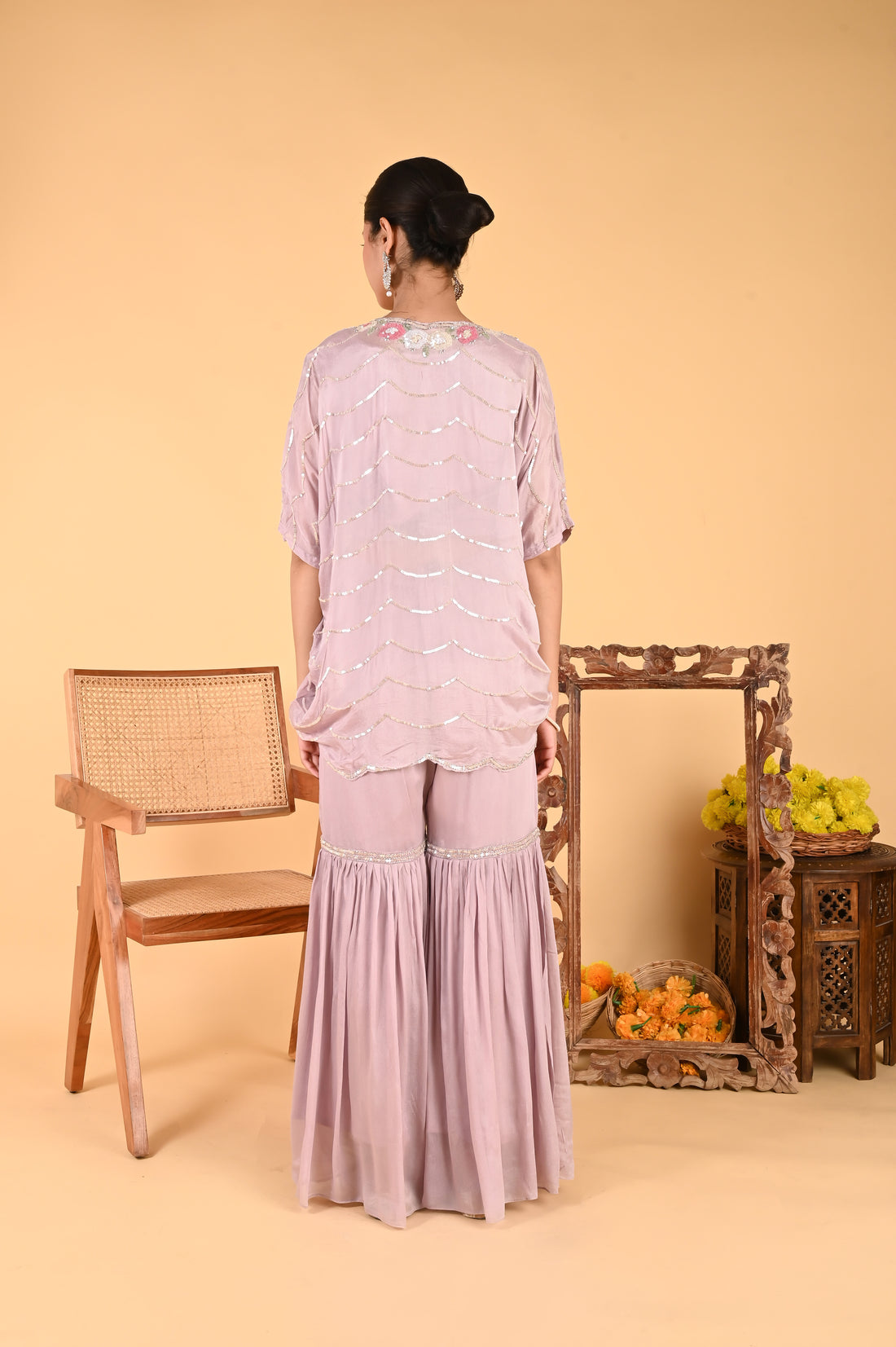 NR-117 Lilac Sequin Hand-Embroidered Kaftan Set
