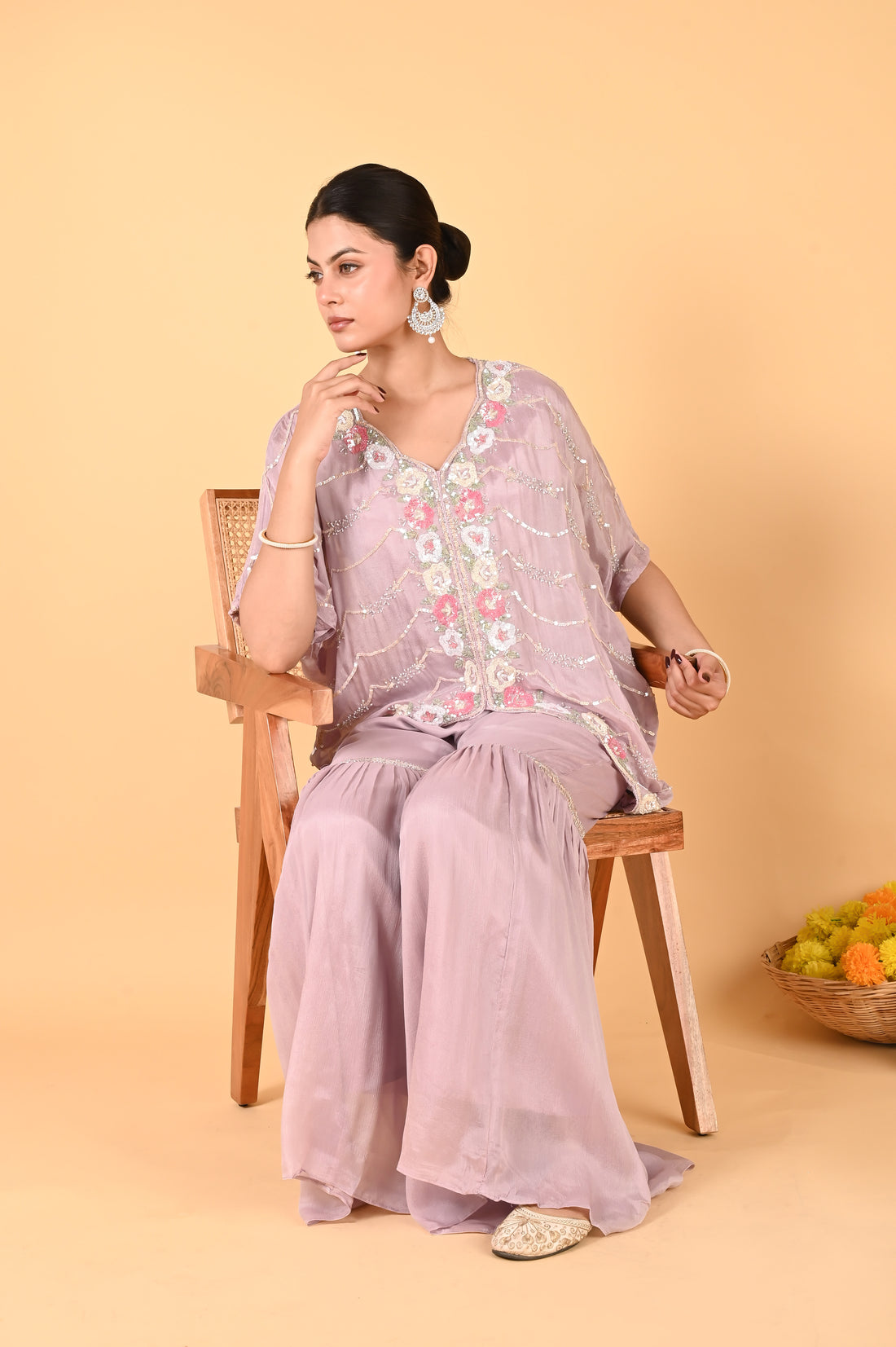 NR-117 Lilac Sequin Hand-Embroidered Kaftan Set