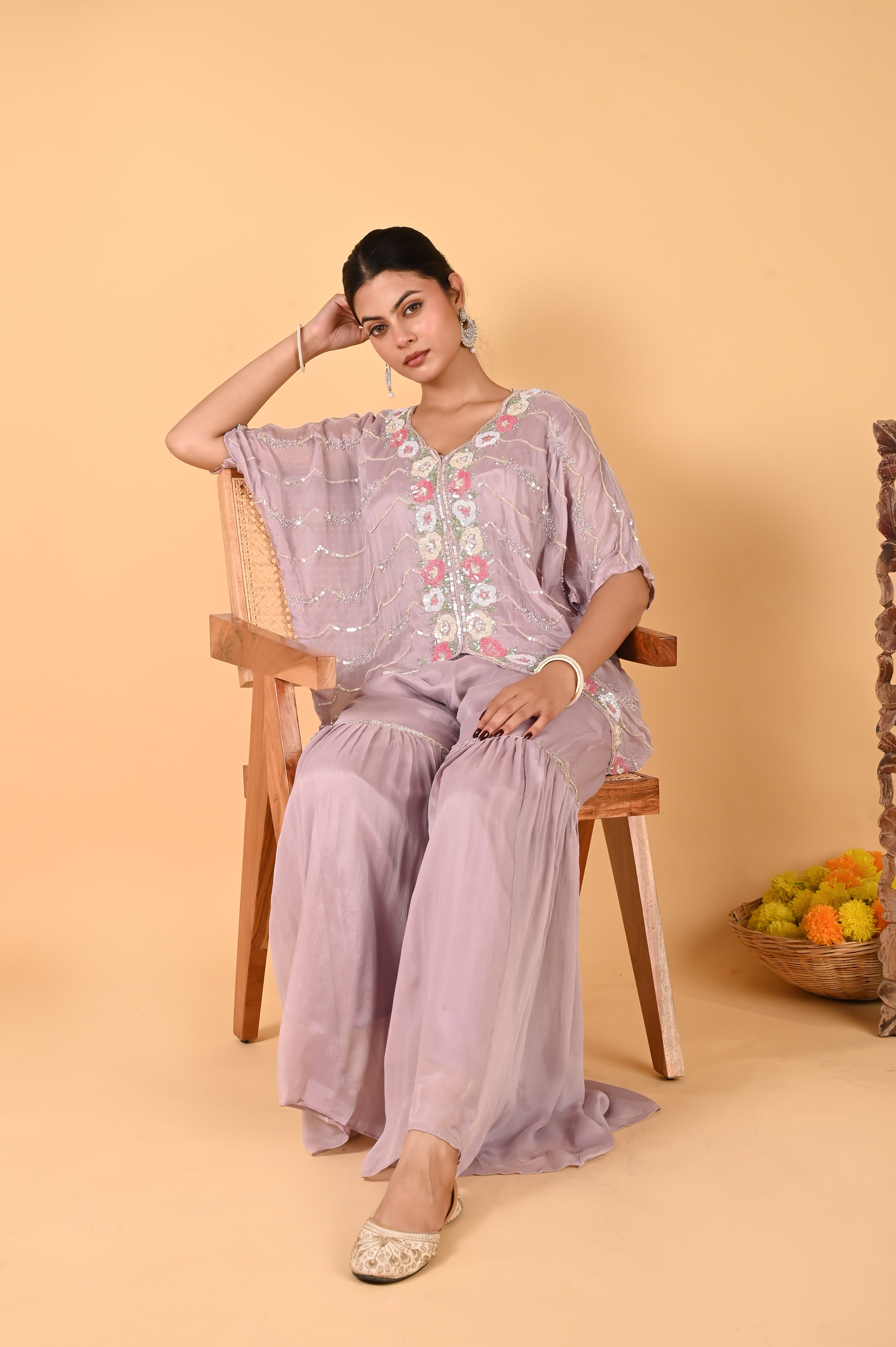 NR-117 Lilac Sequin Hand-Embroidered Kaftan Set