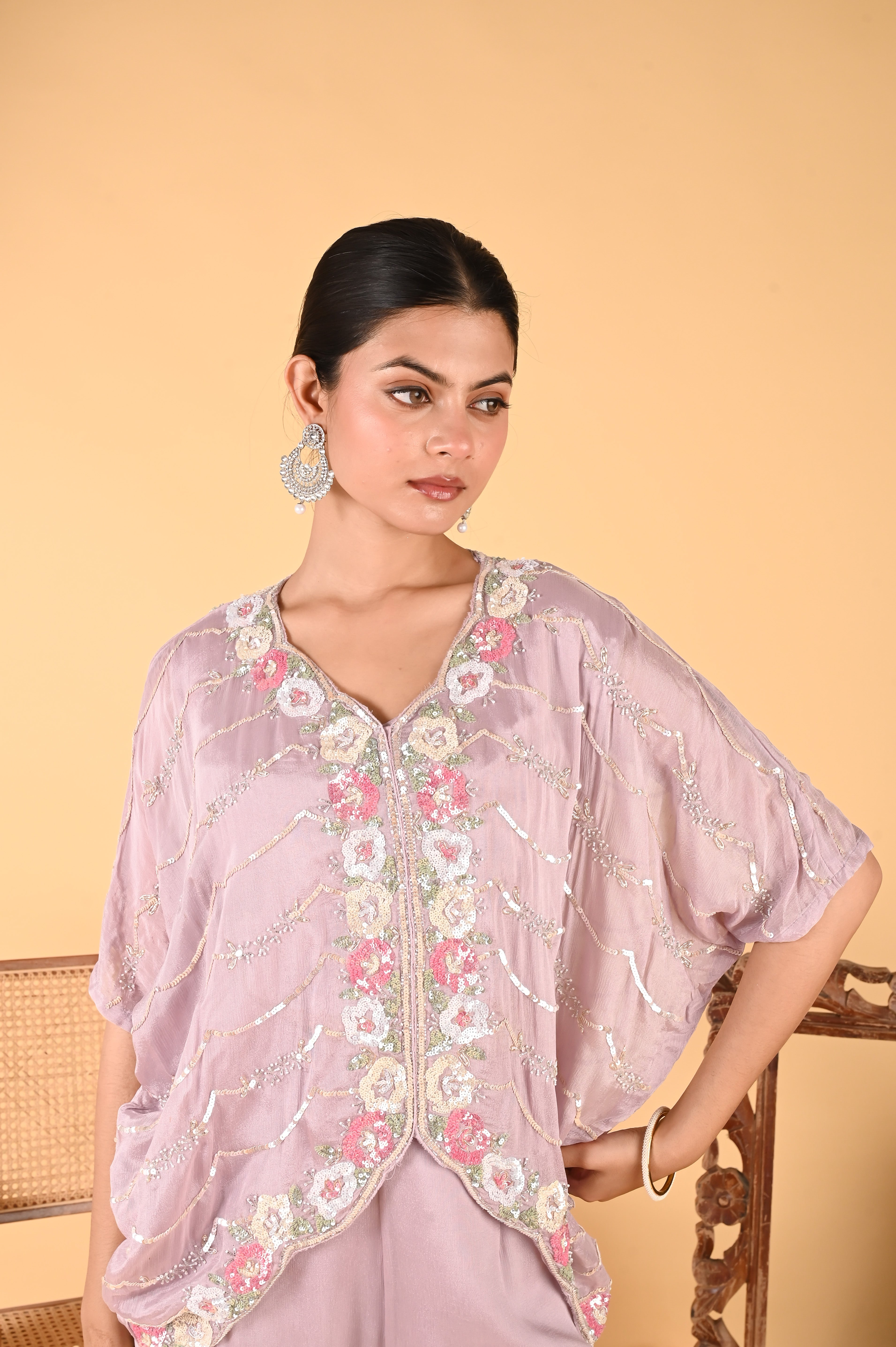 NR-117 Lilac Sequin Hand-Embroidered Kaftan Set