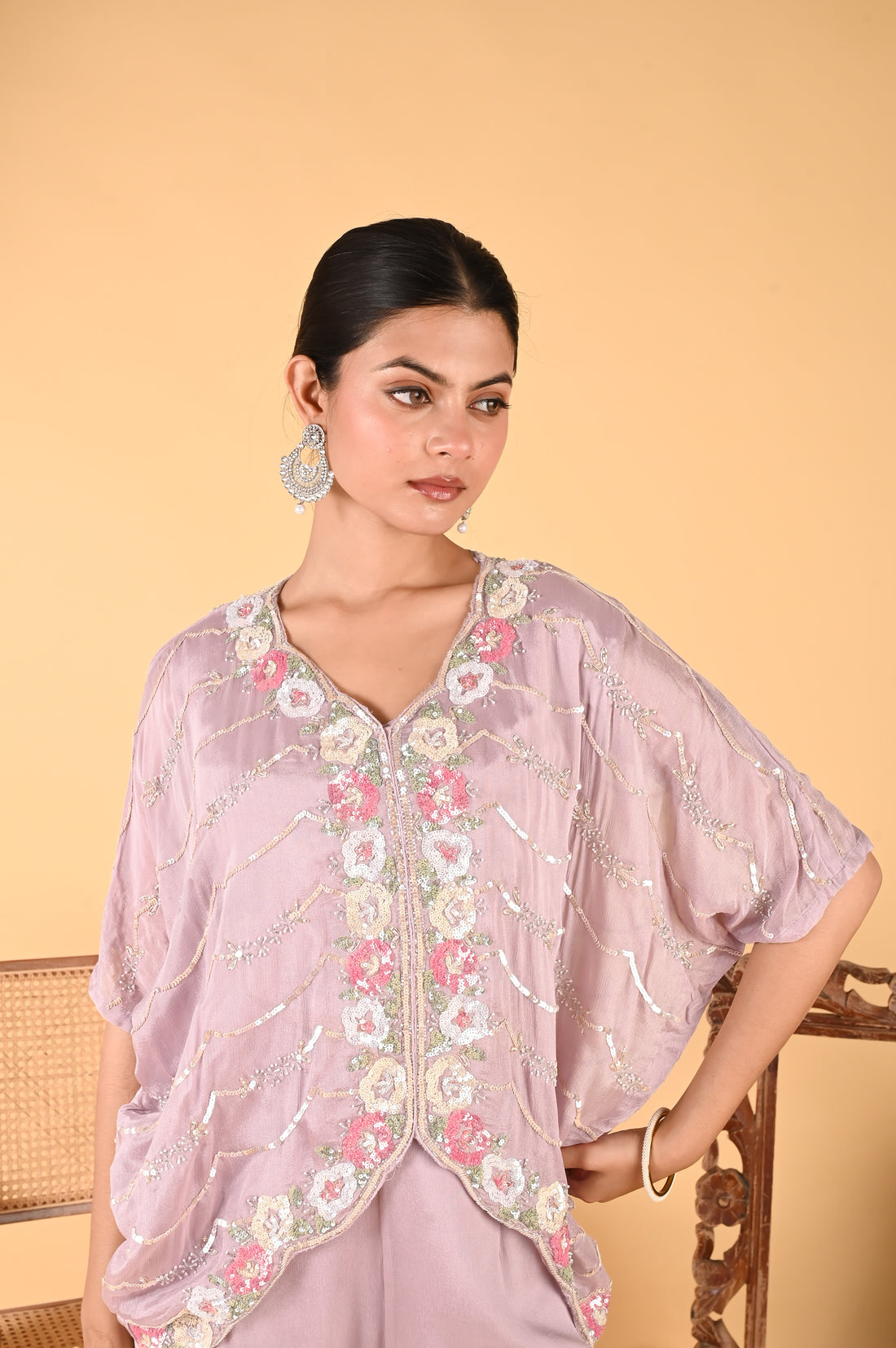 NR-117 Lilac Sequin Hand-Embroidered Kaftan Set