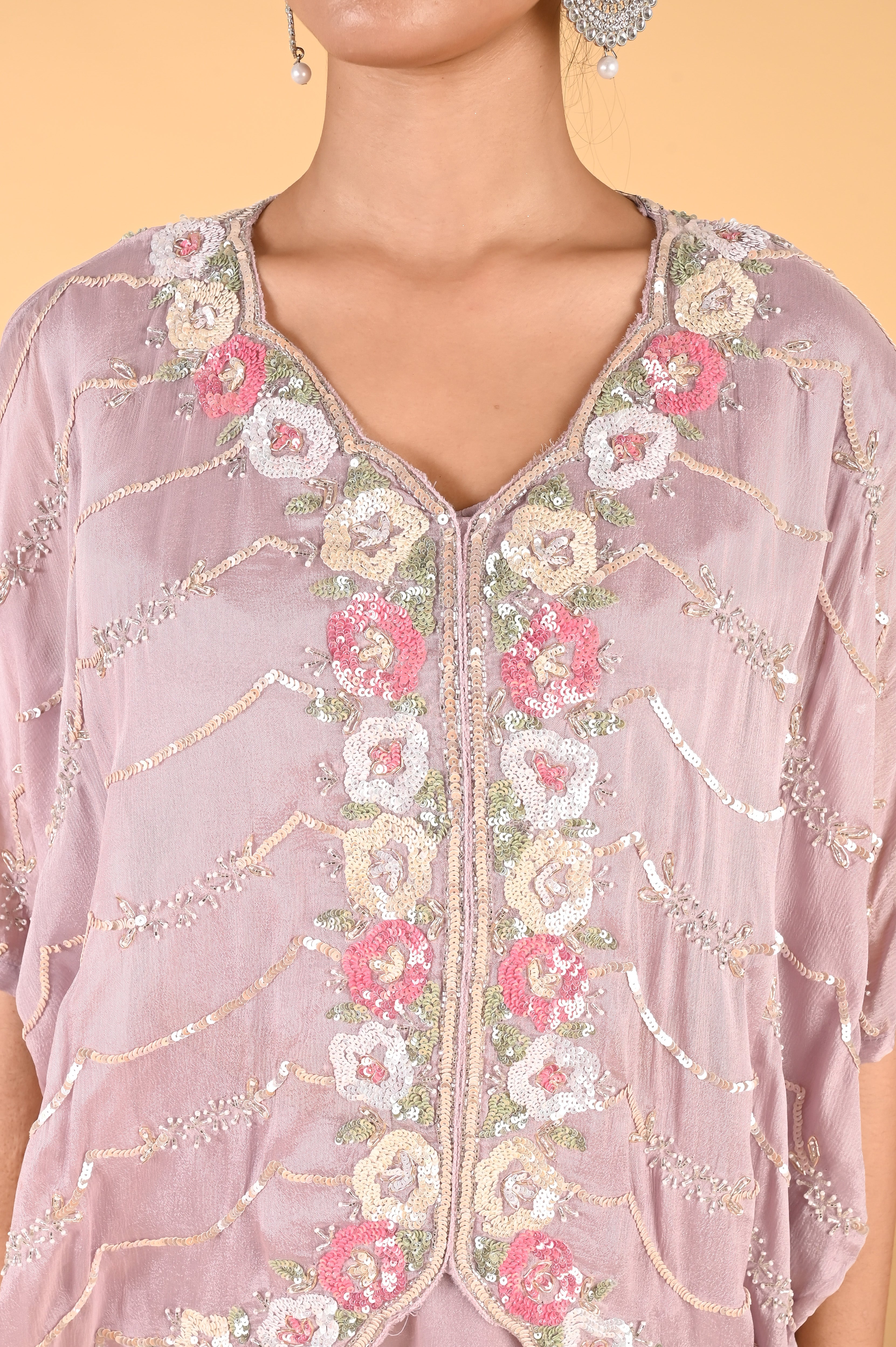 NR-117 Lilac Sequin Hand-Embroidered Kaftan Set