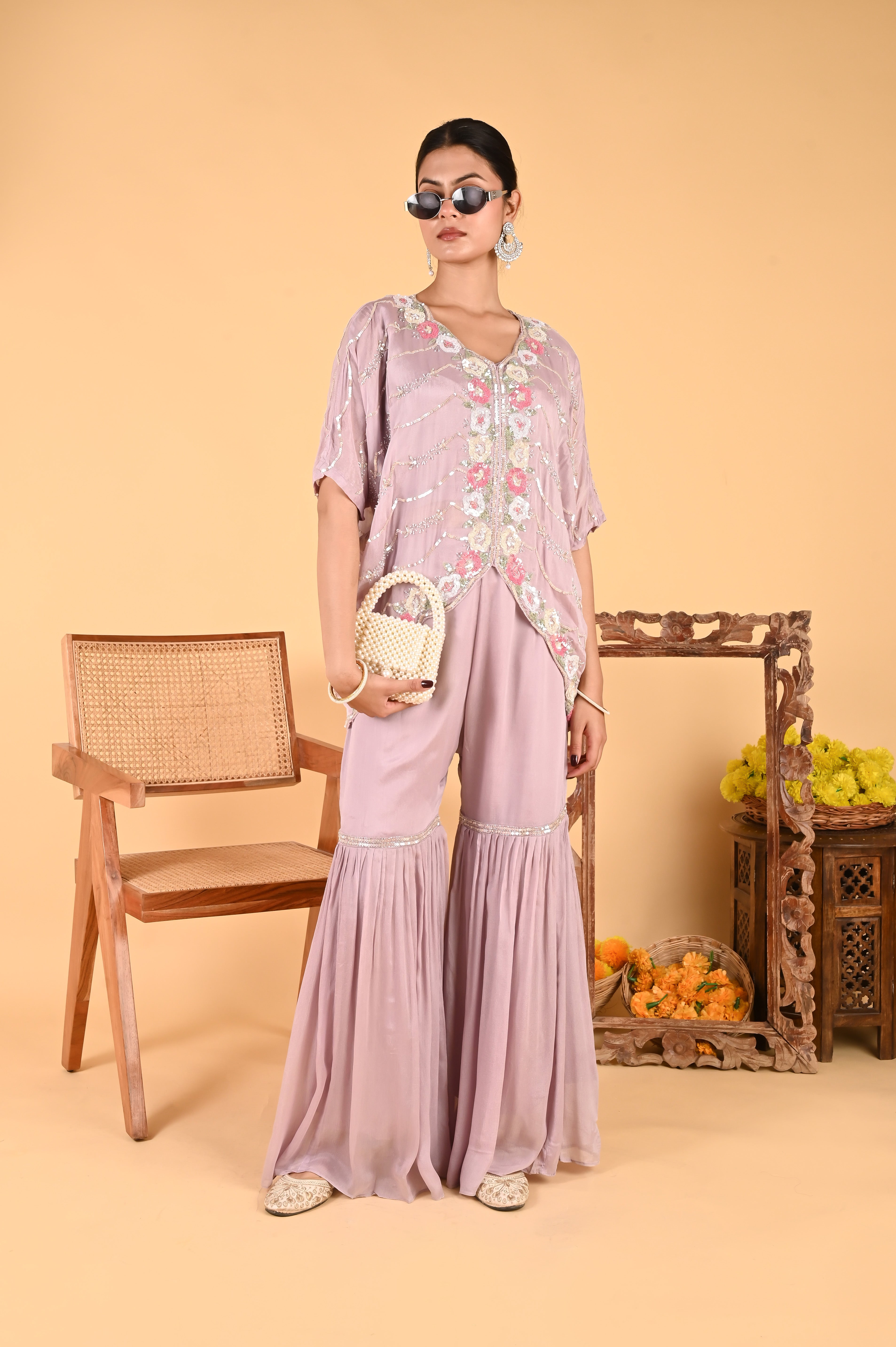 NR-117 Lilac Sequin Hand-Embroidered Kaftan Set