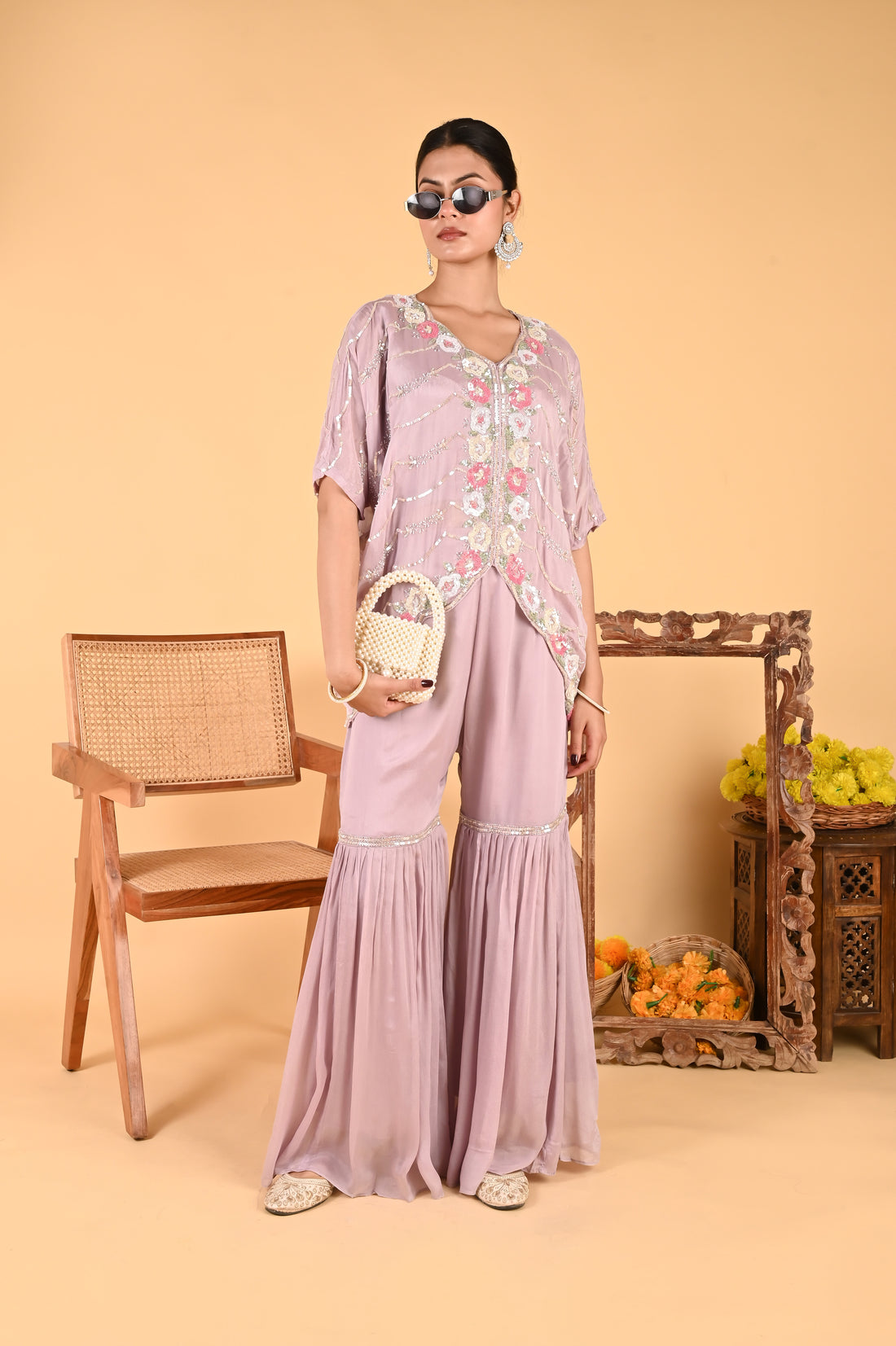 NR-117 Lilac Sequin Hand-Embroidered Kaftan Set