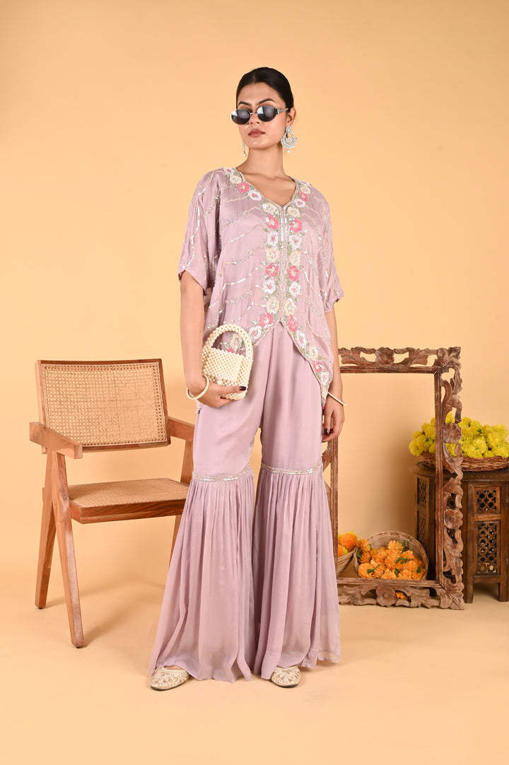 NR-117 Lilac Sequin Hand-Embroidered Kaftan Set
