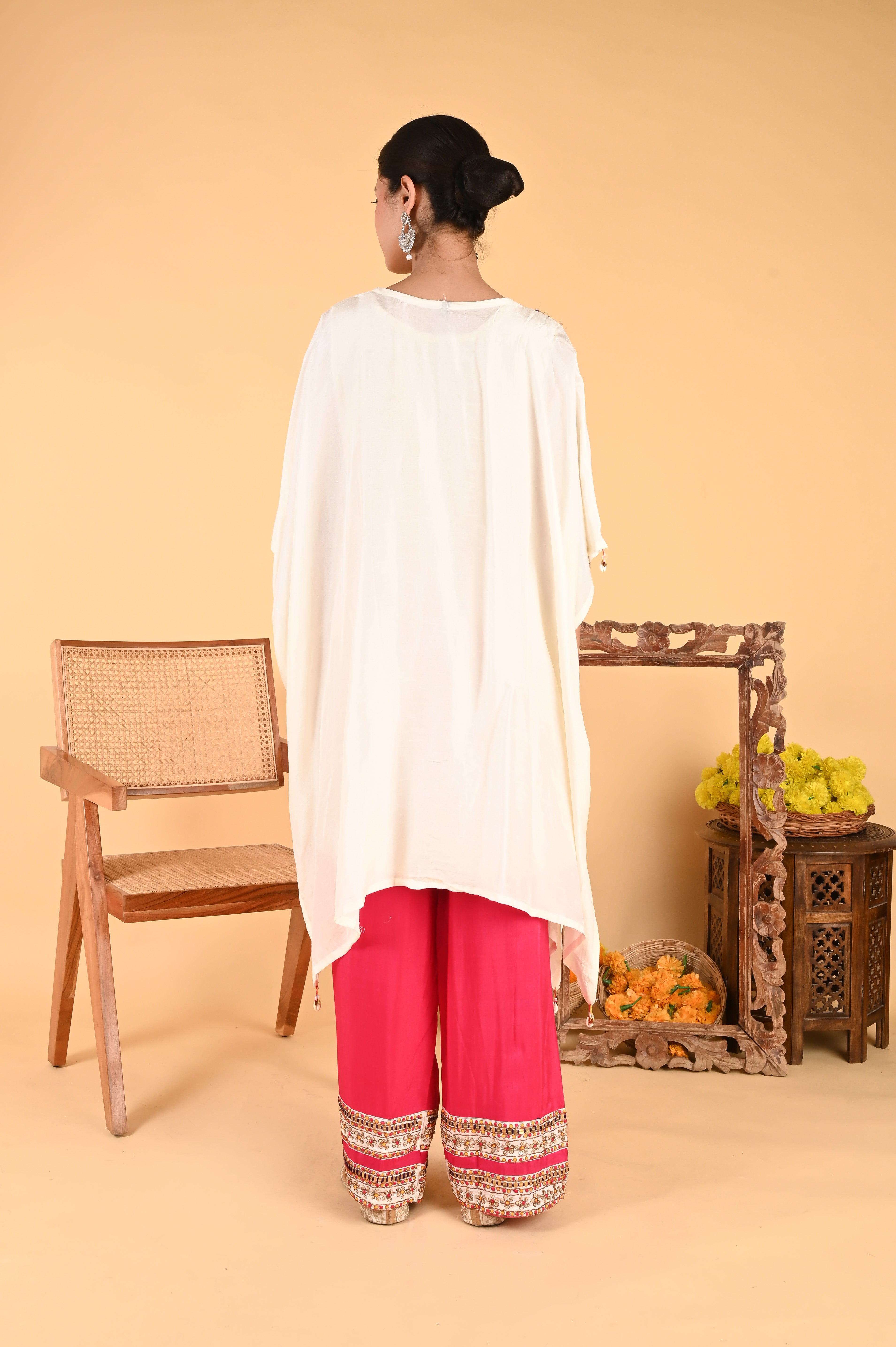 NR-118/ Ivory Embroidered Kaftan with Contrasting Fuchsia Pants