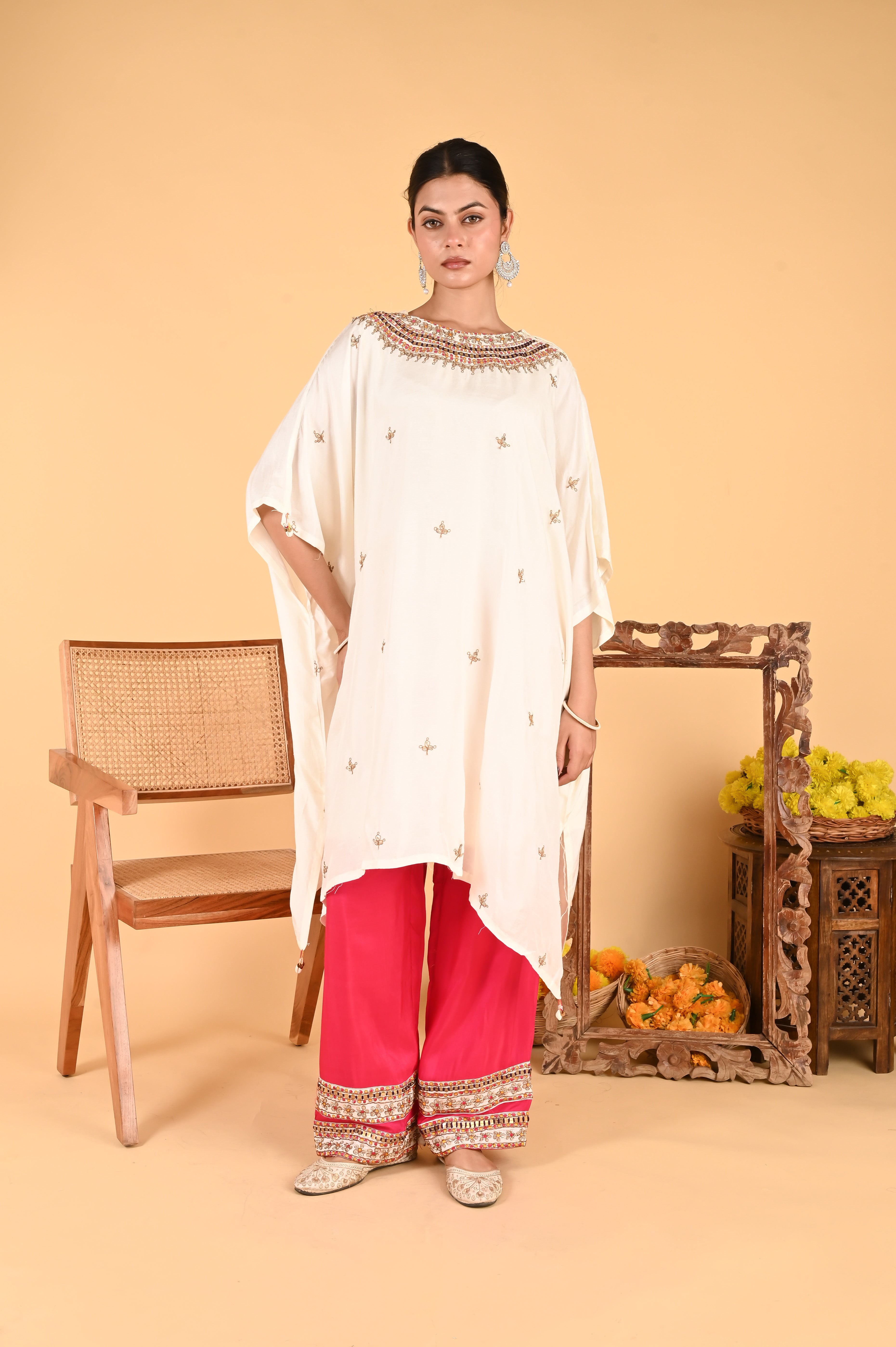 NR-118/ Ivory Embroidered Kaftan with Contrasting Fuchsia Pants