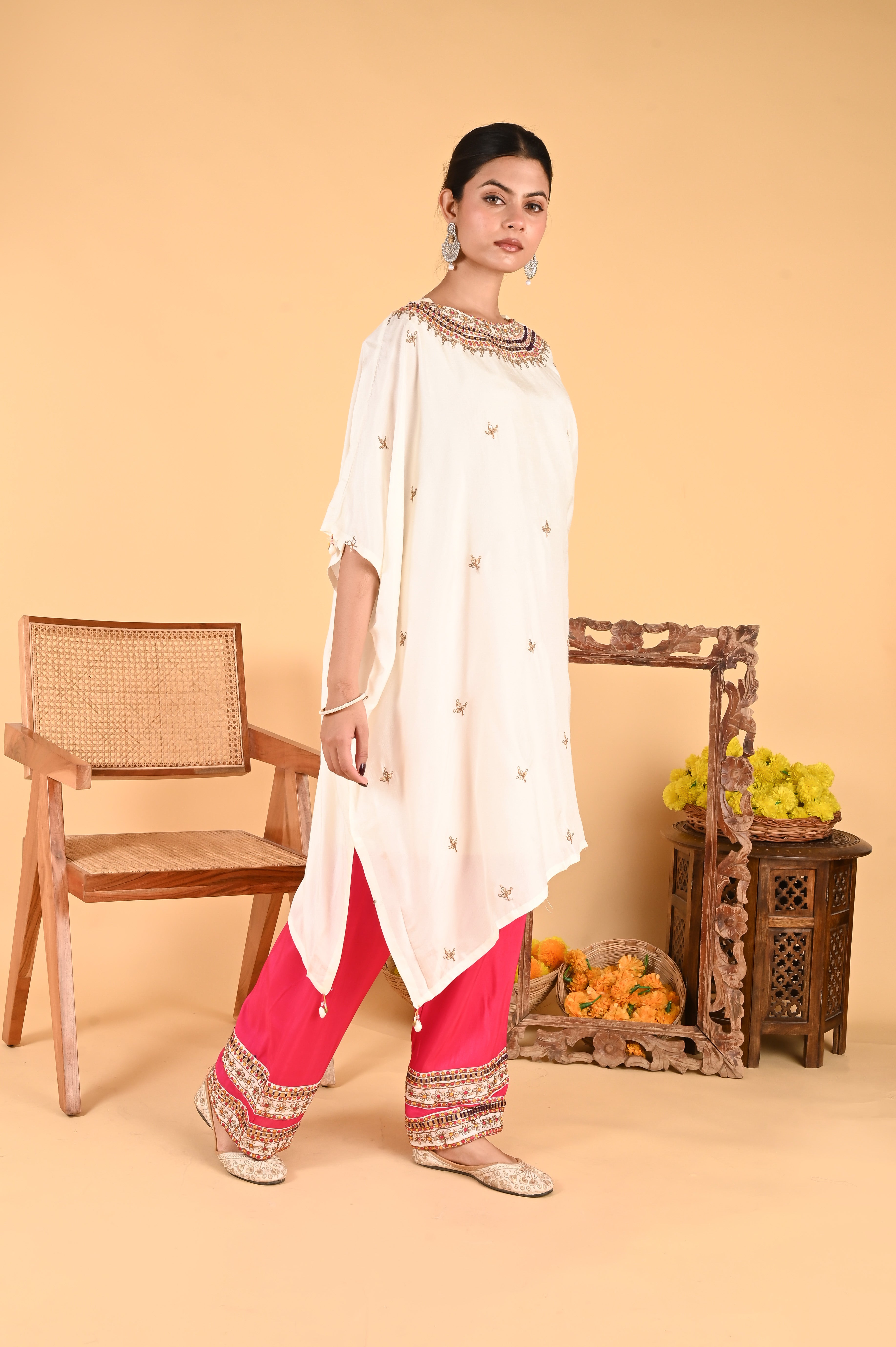 NR-118/ Ivory Embroidered Kaftan with Contrasting Fuchsia Pants