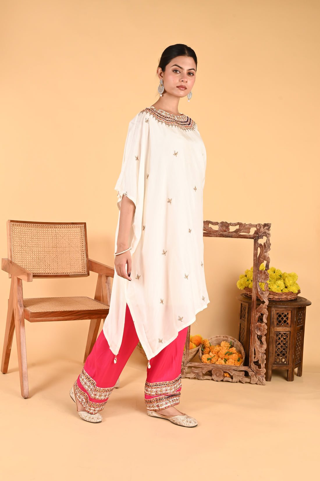 NR-118/ Ivory Embroidered Kaftan with Contrasting Fuchsia Pants