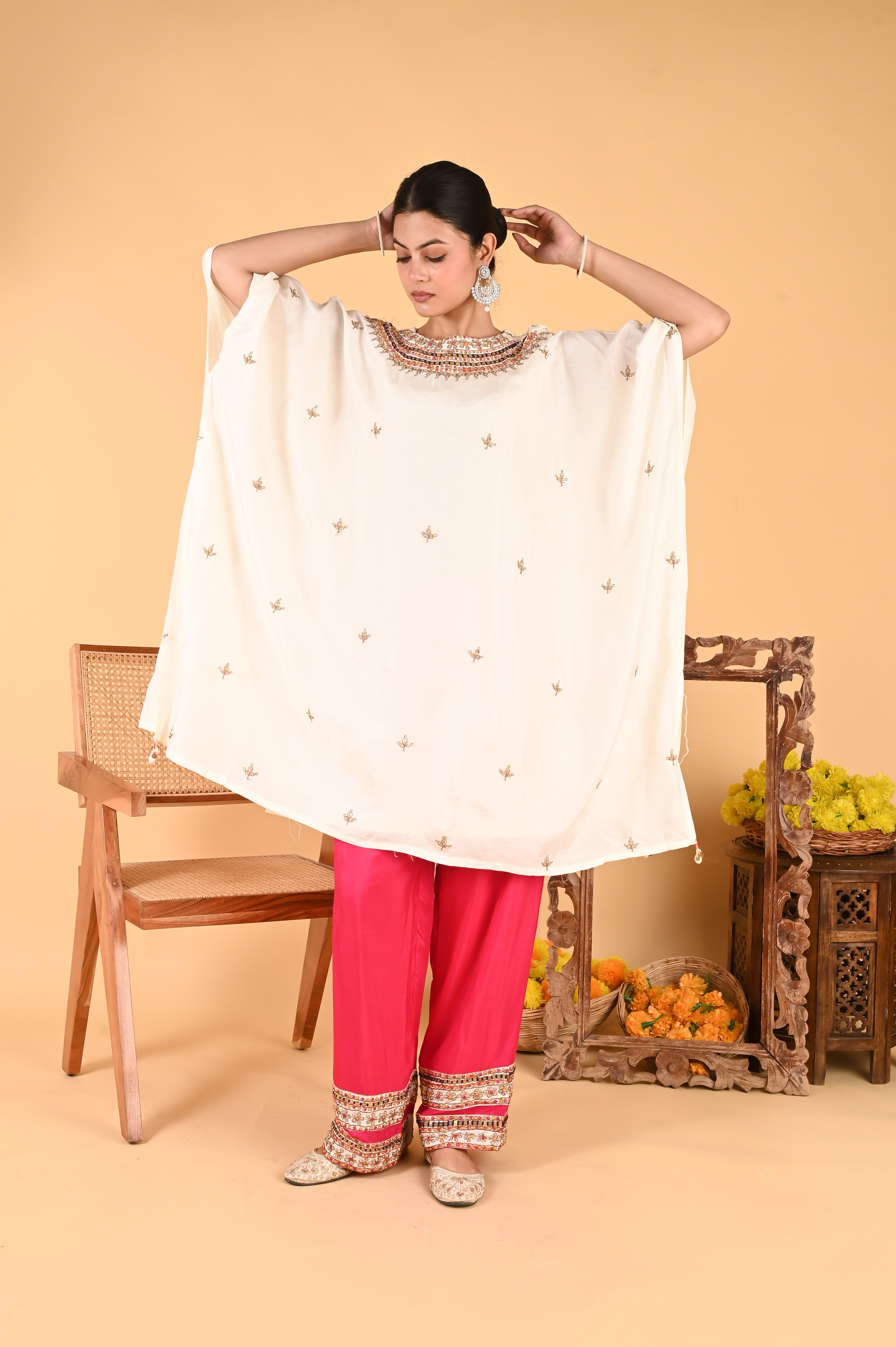 NR-118/ Ivory Embroidered Kaftan with Contrasting Fuchsia Pants