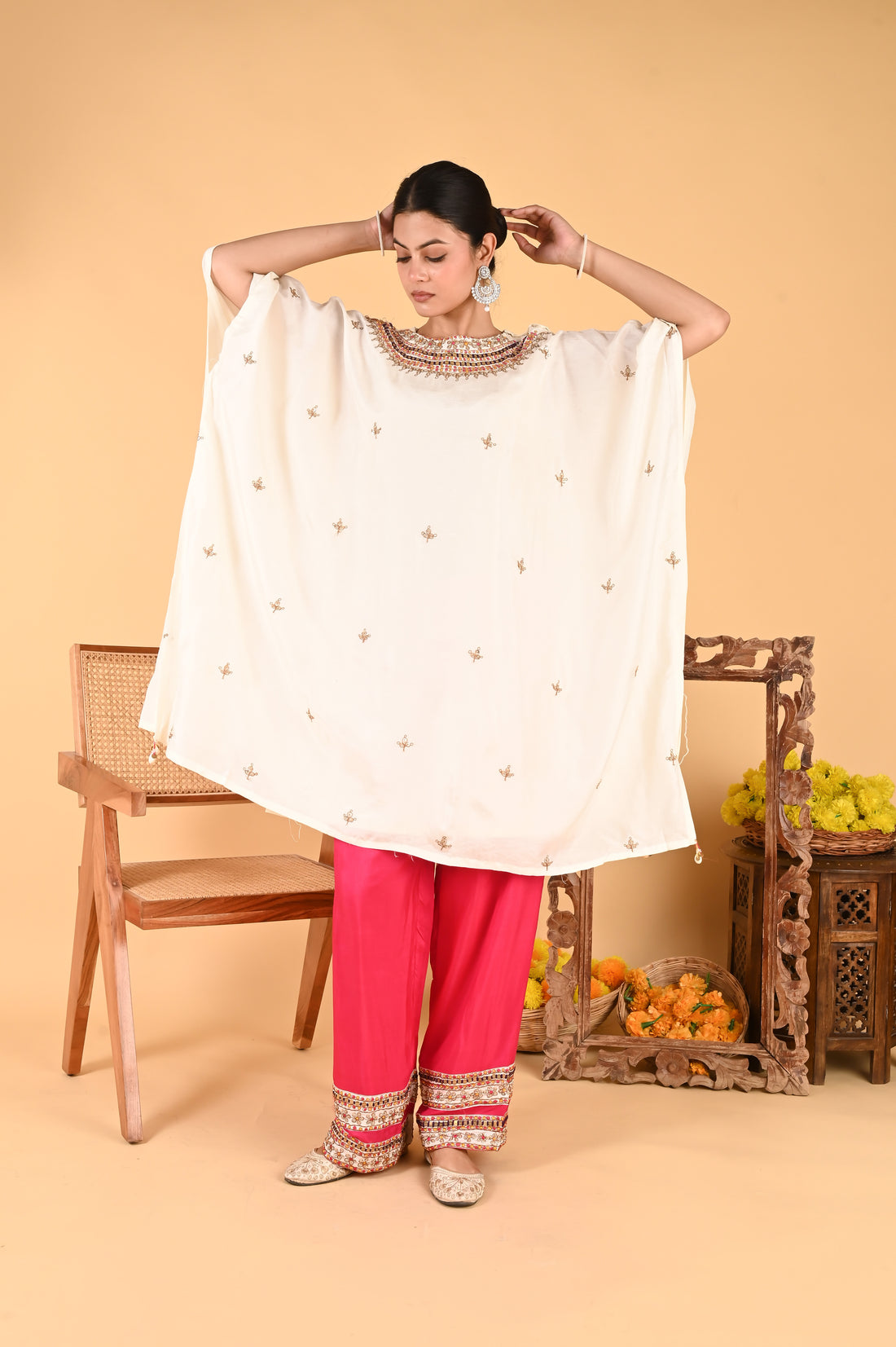 NR-118/ Ivory Embroidered Kaftan with Contrasting Fuchsia Pants