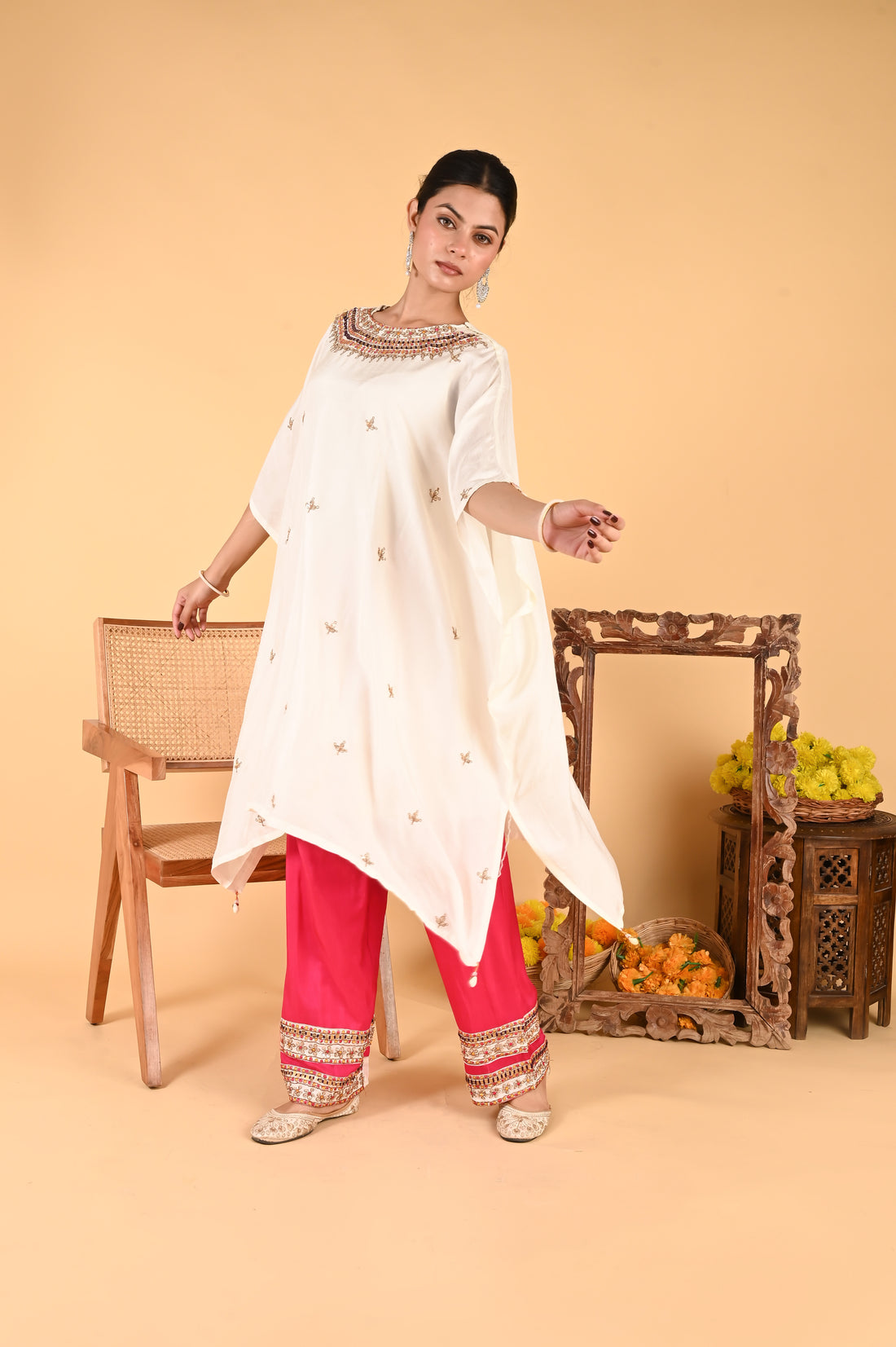 NR-118/ Ivory Embroidered Kaftan with Contrasting Fuchsia Pants