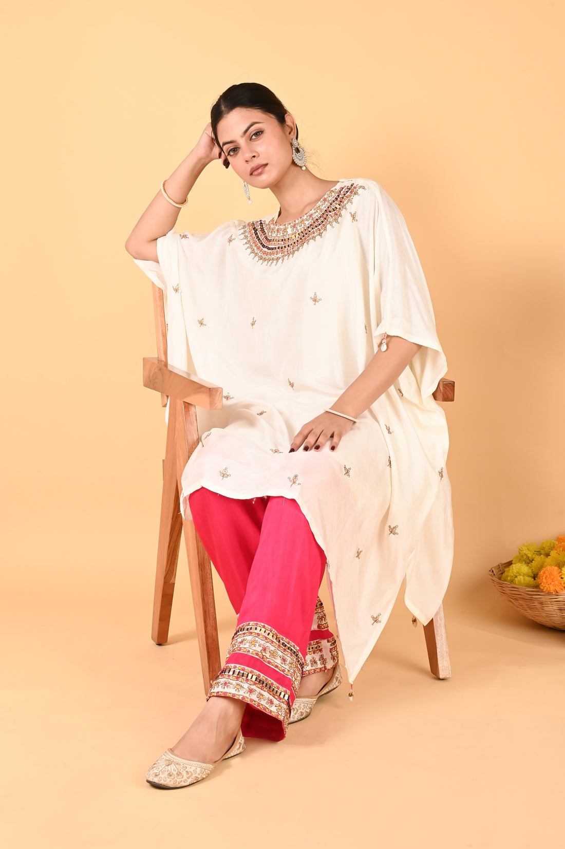 NR-118/ Ivory Embroidered Kaftan with Contrasting Fuchsia Pants