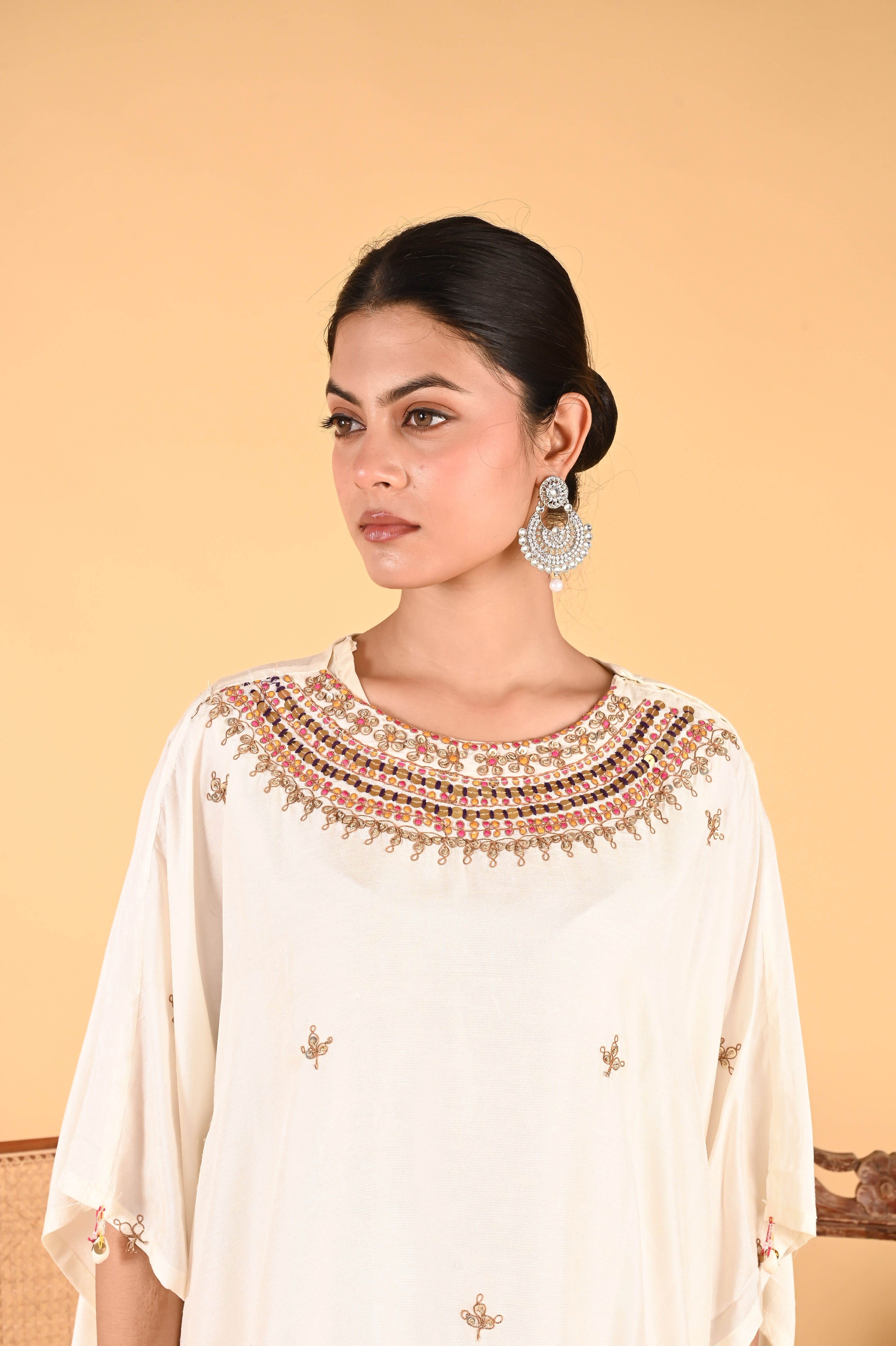 NR-118/ Ivory Embroidered Kaftan with Contrasting Fuchsia Pants