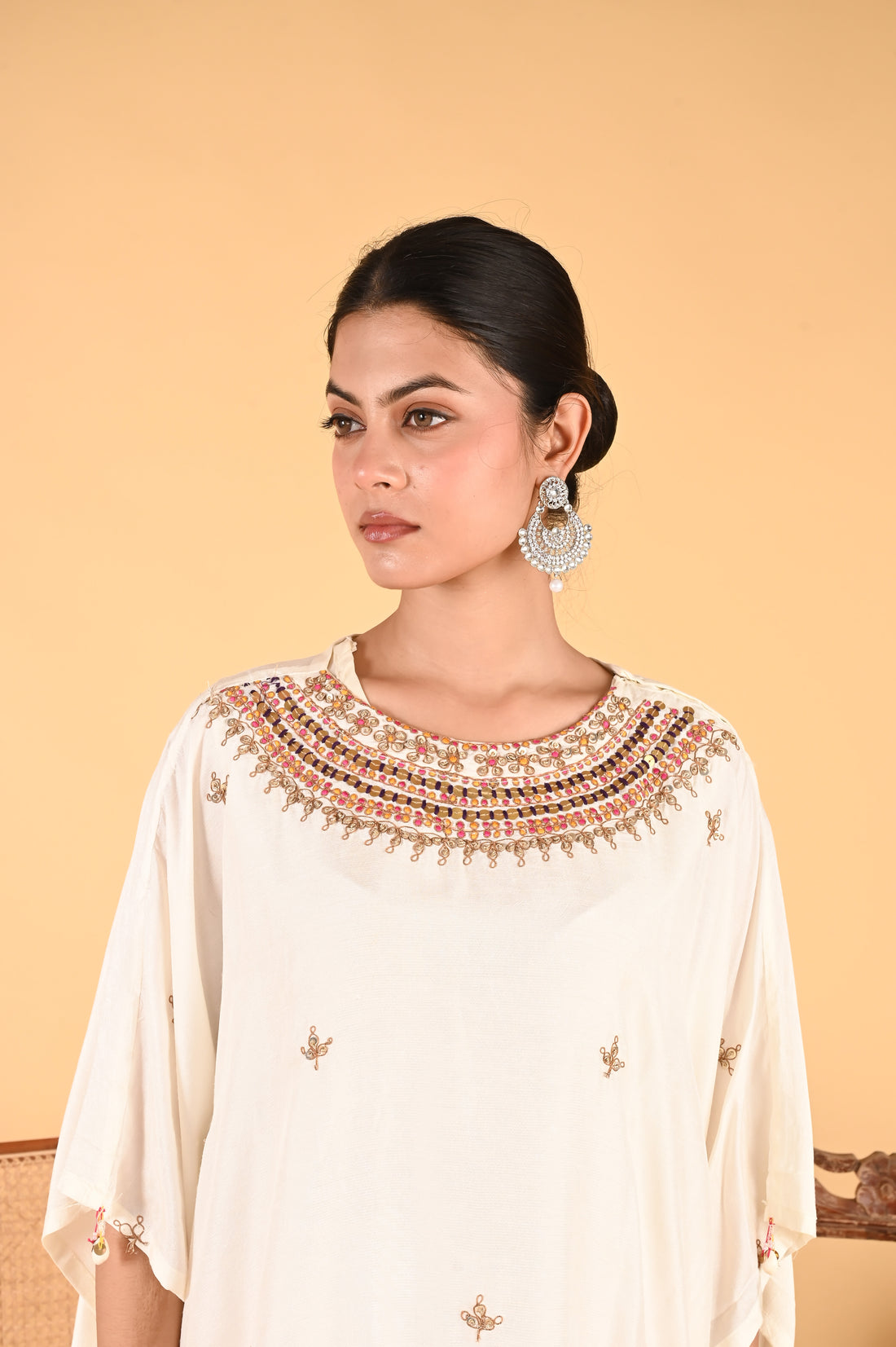 NR-118/ Ivory Embroidered Kaftan with Contrasting Fuchsia Pants