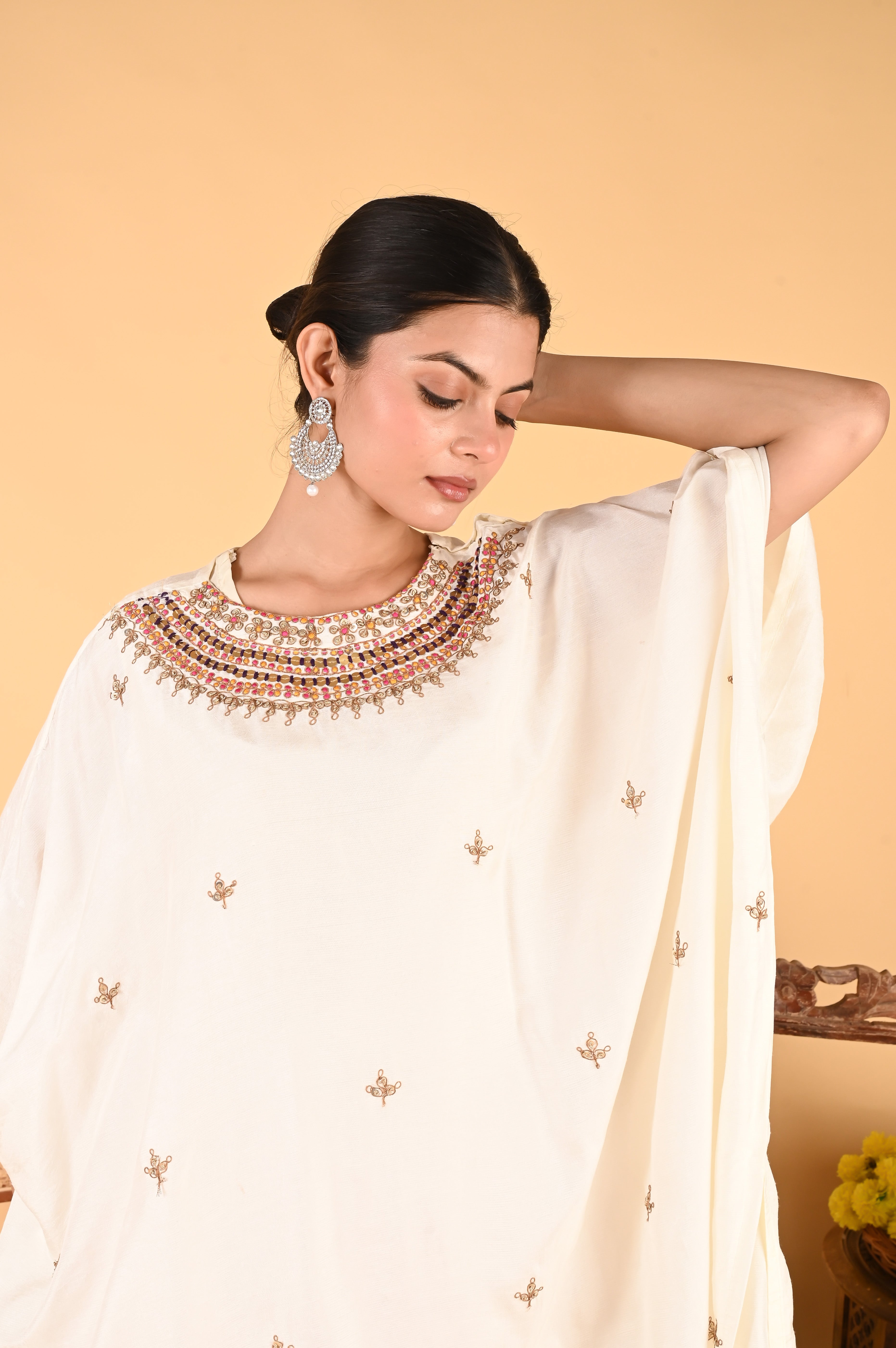 NR-118/ Ivory Embroidered Kaftan with Contrasting Fuchsia Pants