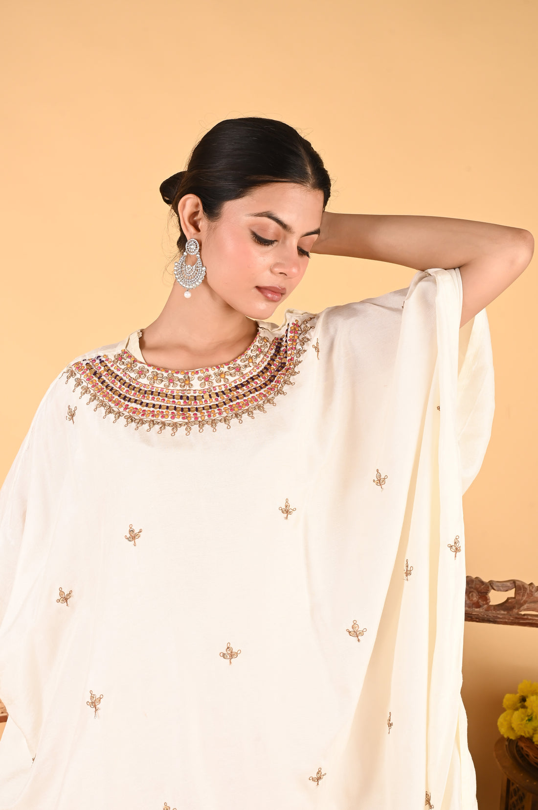 NR-118/ Ivory Embroidered Kaftan with Contrasting Fuchsia Pants