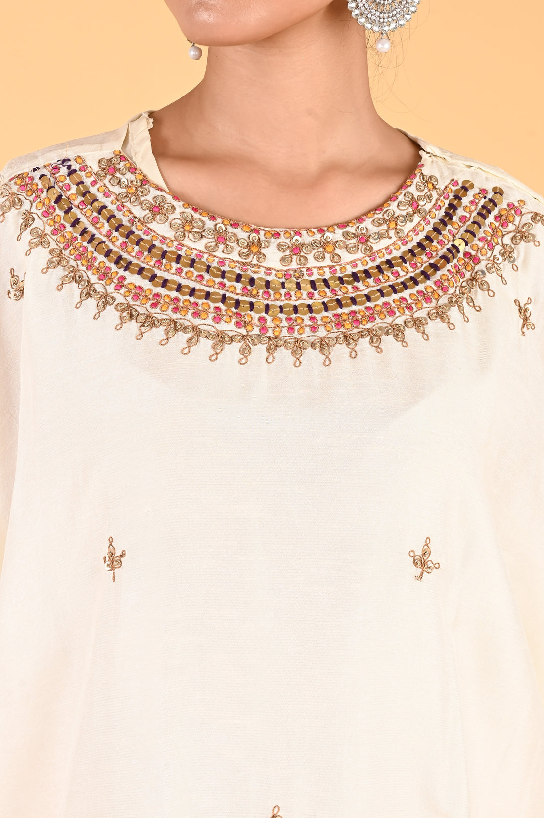 NR-118/ Ivory Embroidered Kaftan with Contrasting Fuchsia Pants