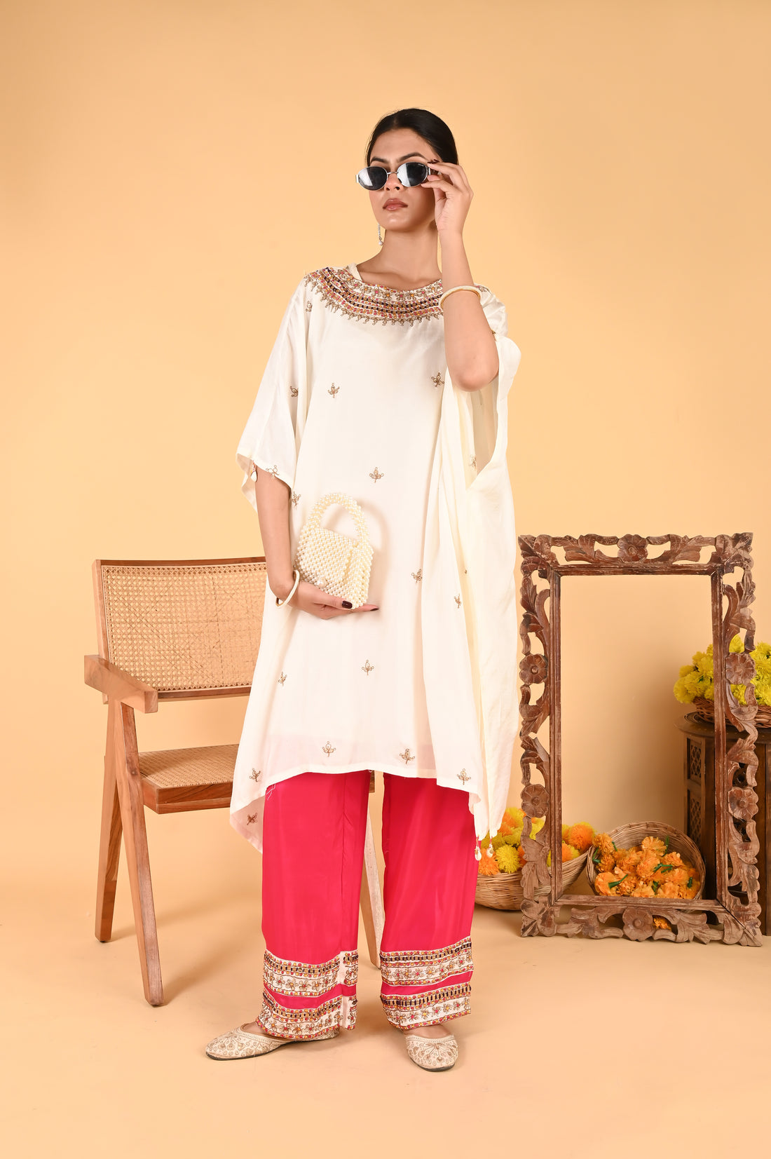 NR-118/ Ivory Embroidered Kaftan with Contrasting Fuchsia Pants