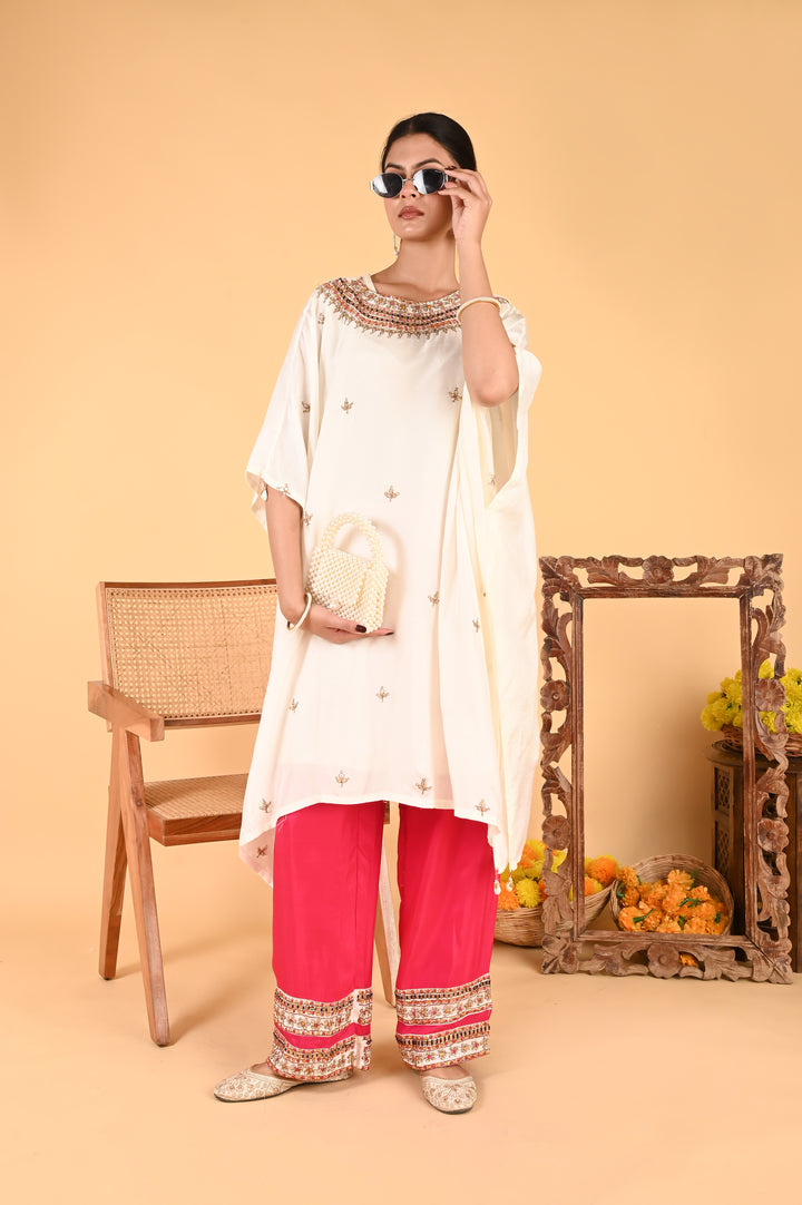 NR-118/ Ivory Embroidered Kaftan with Contrasting Fuchsia Pants
