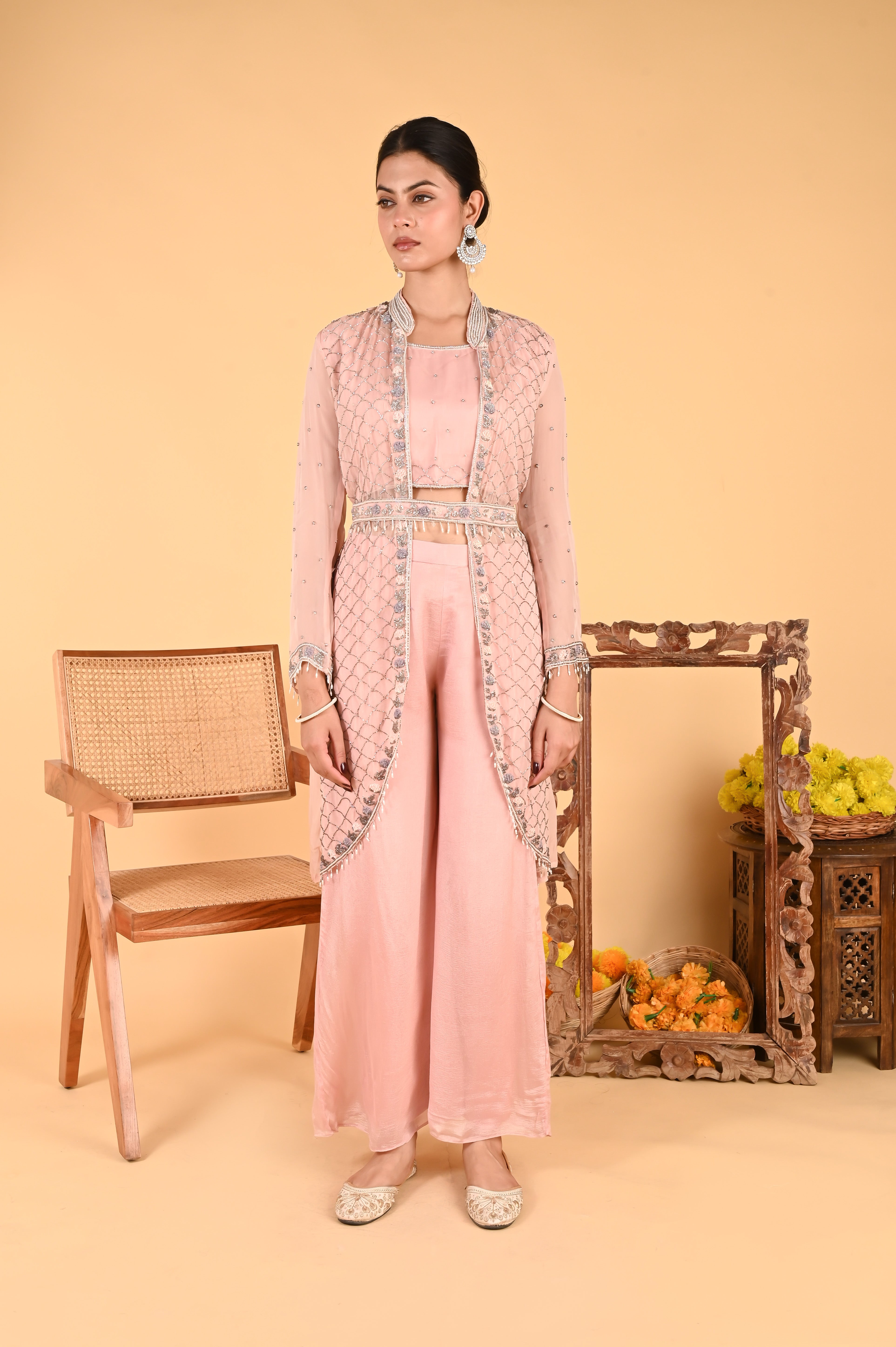 NR-119/ Blush Pink Hand-Embroidered Jacket Set