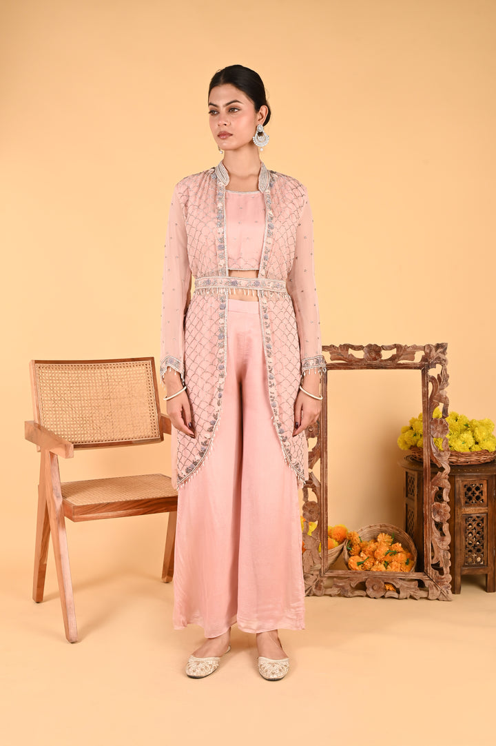 NR-119/ Blush Pink Hand-Embroidered Jacket Set