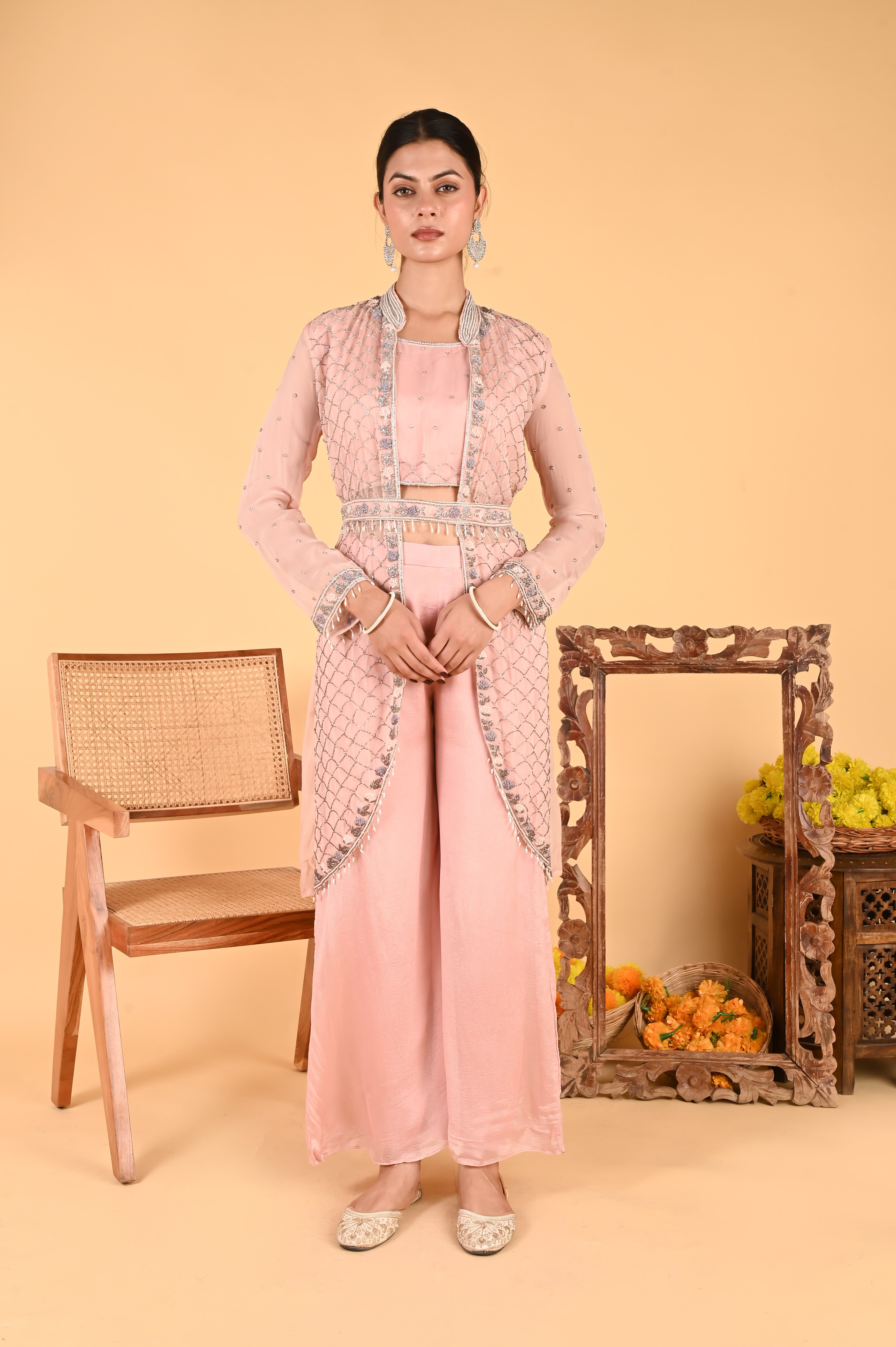 NR-119/ Blush Pink Hand-Embroidered Jacket Set