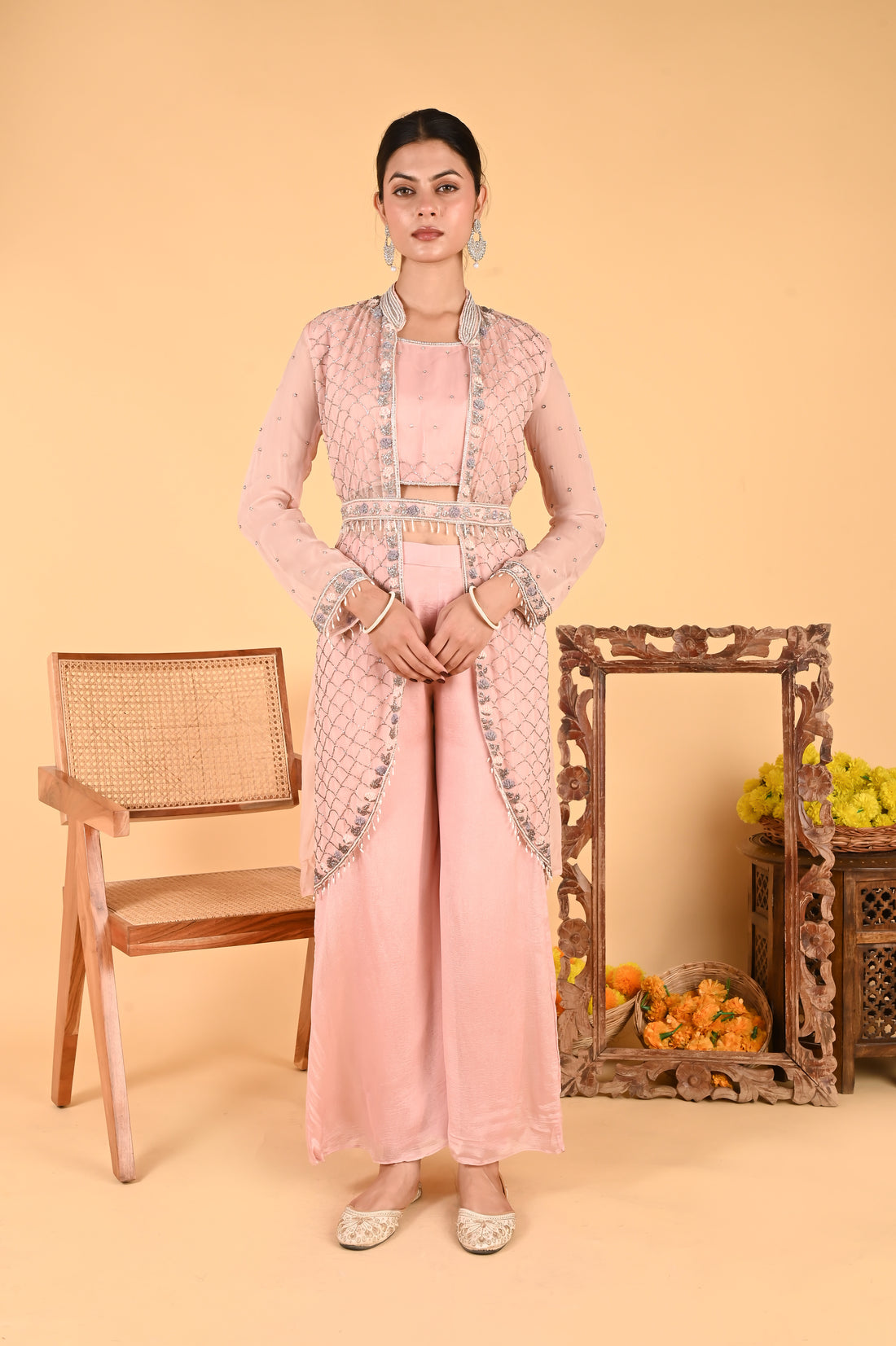 NR-119/ Blush Pink Hand-Embroidered Jacket Set