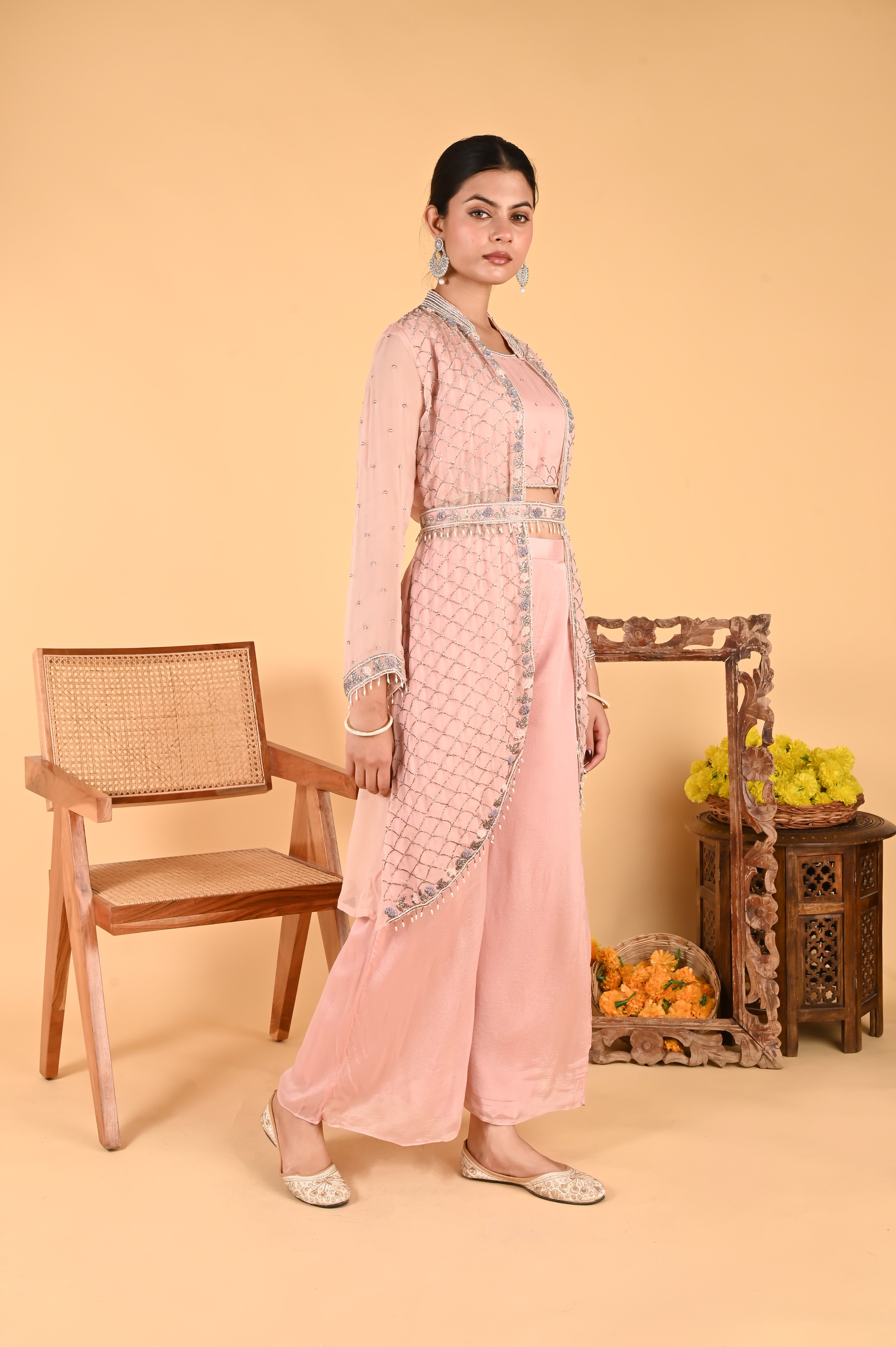 NR-119/ Blush Pink Hand-Embroidered Jacket Set